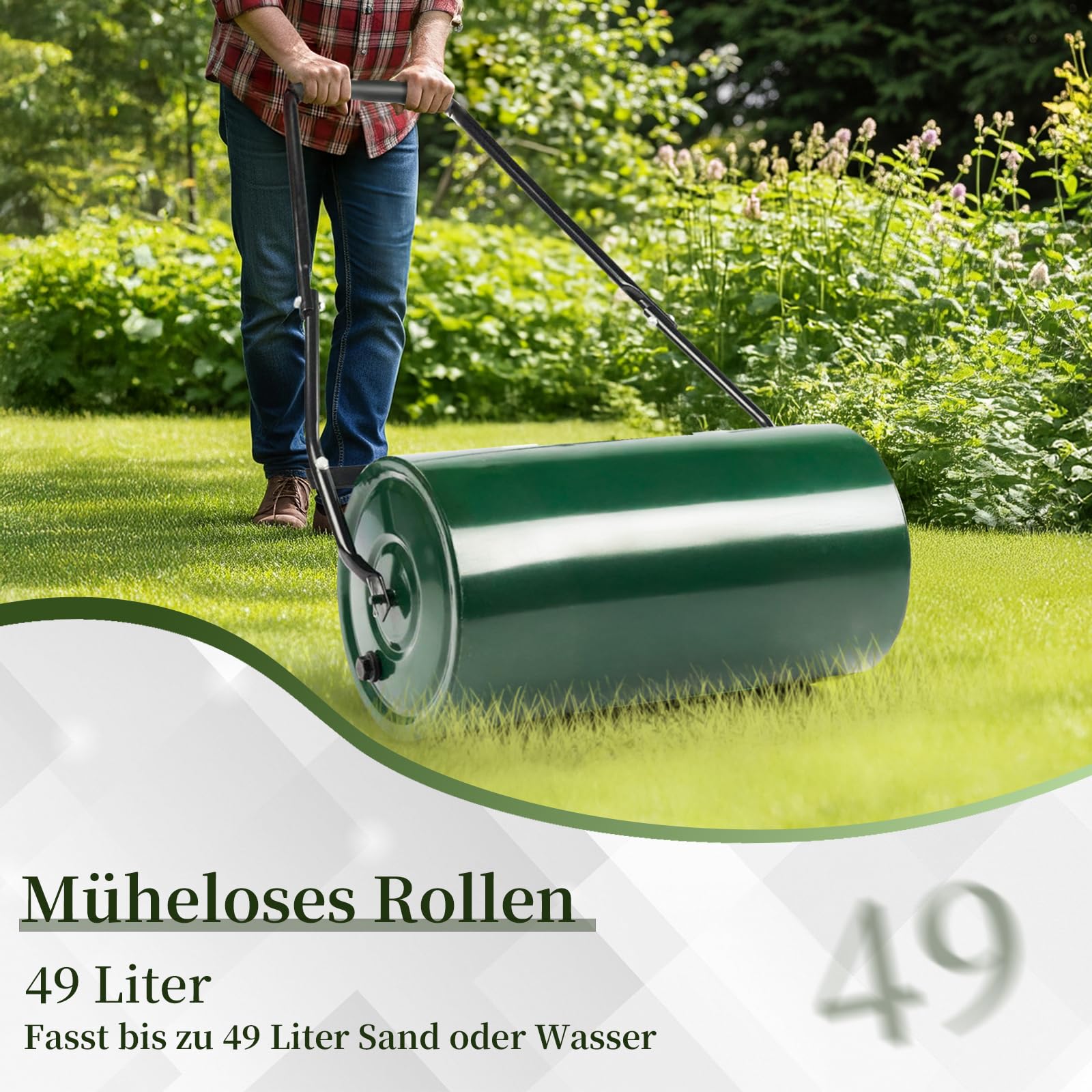 LEADZM Rasenwalze 50L, Kontaktflächenlänge 60 cm, 32 cm Durchmesser – befüllbar mit Sand oder Wasser, rasenlüfter Walze, Der Griff ist gepolstert Komfortabel und effizient