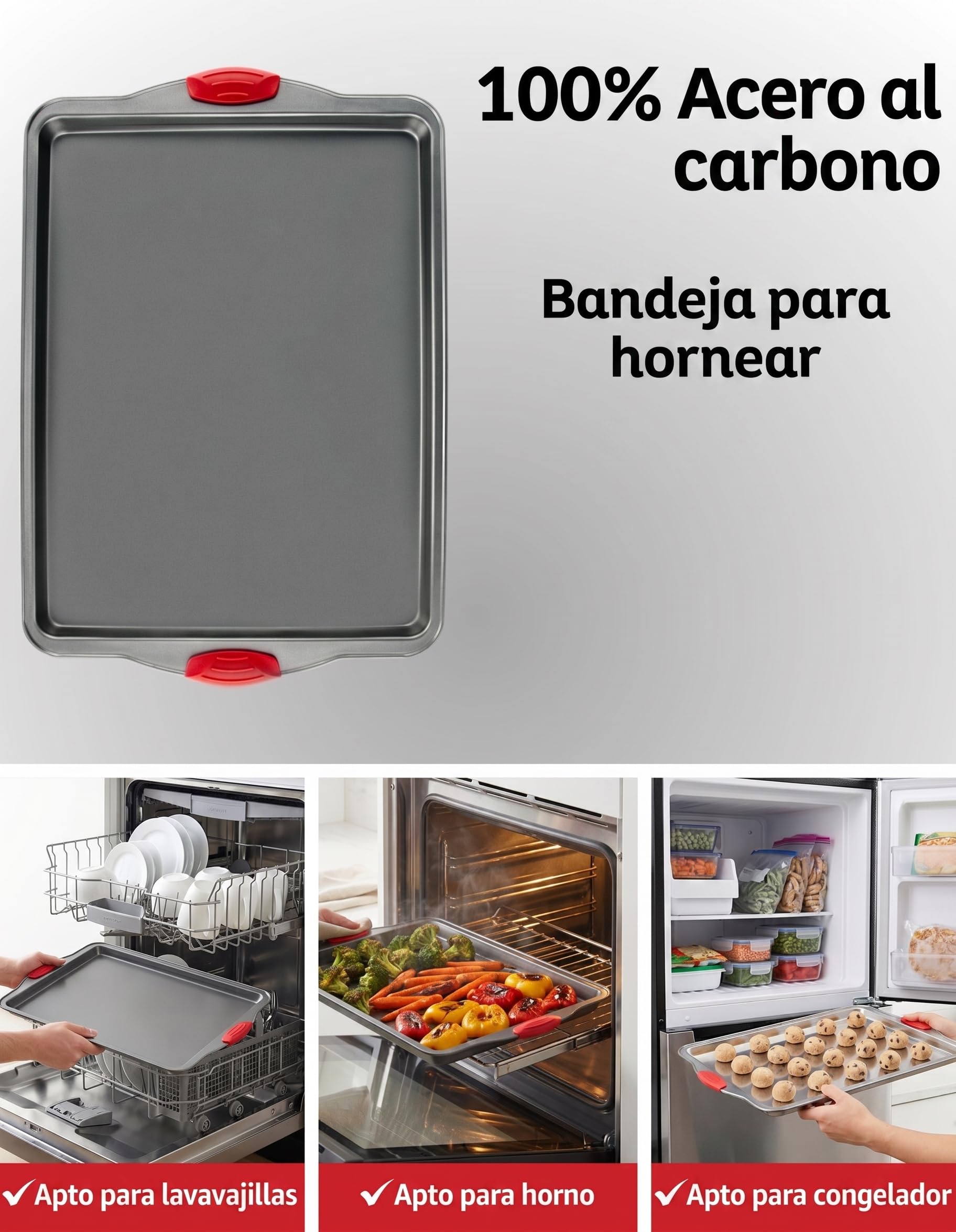 Bandejas Horno Antiadherentes Juego 3 Piezas - Bandejas de Horno para Hornear de Acero al Carbono Resistentes a Deformaciones y Óxido, Sin PFOA, con Asas de Silicona, Aptas para Lavavajillas