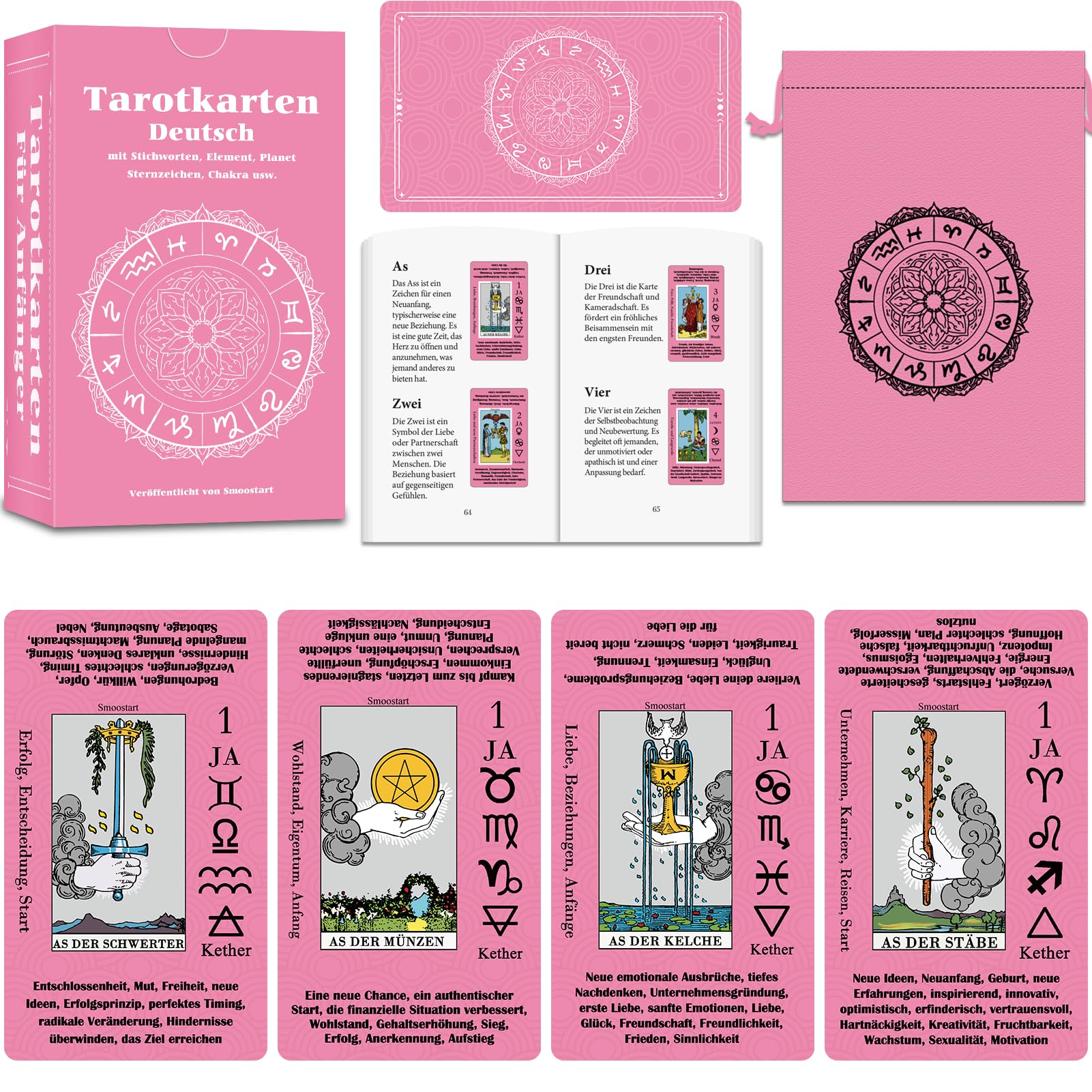 Smoostart Rosa Tarotkarten Deutsch Mit Bedeutungen, Tarotkarten Für Anfänger Mit Leitfaden, Inklusive Einer schönen Aufbewahrungstasche für die Tarotkarten