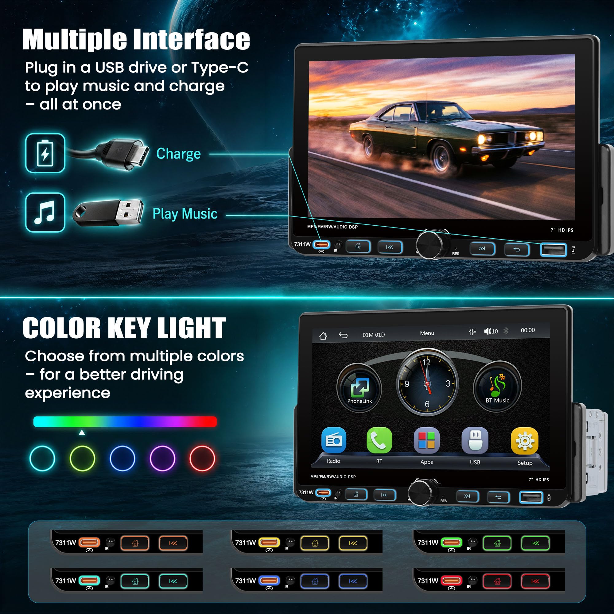 Wireless CARPLAY 1 DIN Autoradio avec Bluetooth Android Auto, 7'' IPS Ecran Tactile Car Play Voiture, 1 Din Bluetooth Radio avec Lien Miroir AM/FM/RDS MP5 USB SWC Rétroéclairage Couleur