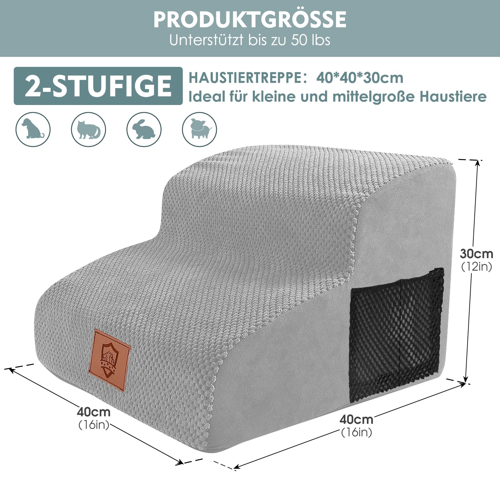 Myiosus Scaletta per Cani 2 Gradini, Scala per Cani con Rimovibile Lavabile Copertura, Rampa per Animali In Schiuma Ad Alta Densità, Gradini Antiscivolo per Cuccioli Gatti, Grigio Chiaro