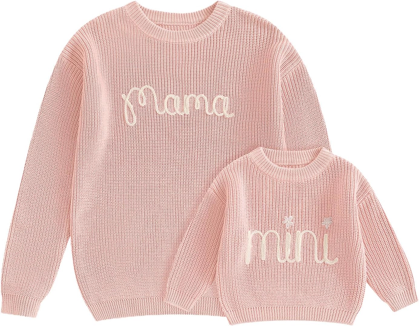 Mommy and Me Family Matching Sweaters Letter Embroidery Long Sleeve Round Neck Knitwear Fall Winter Warm Tops