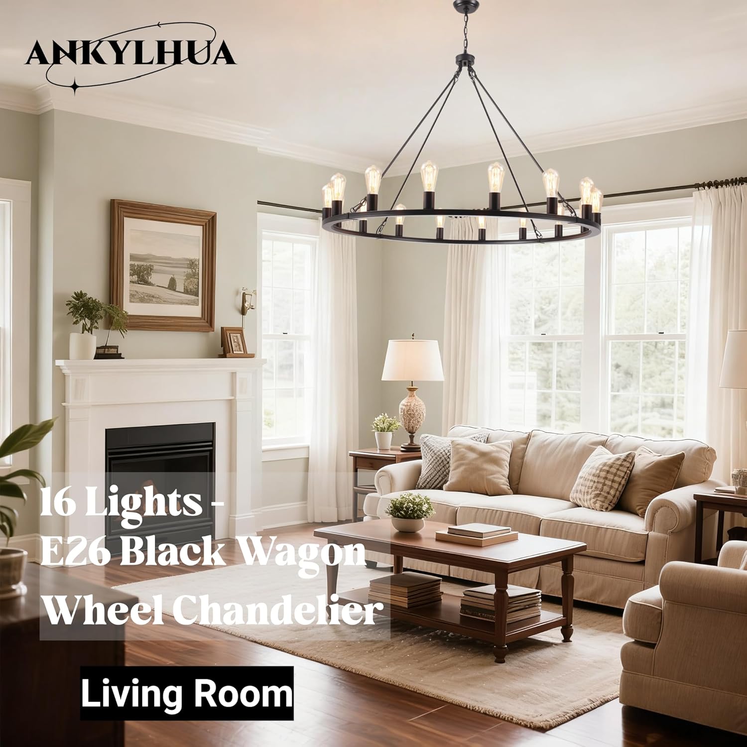 ANKYLHUA Large Black Wagon Wheel Chandelier 47 inch,16-Light Farmhouse Wagon Wheel Chandeliers Round Industrial Ceiling Light fixtures for Outdoor Porch high Ceilings Living Dining Room Foyer Entryway