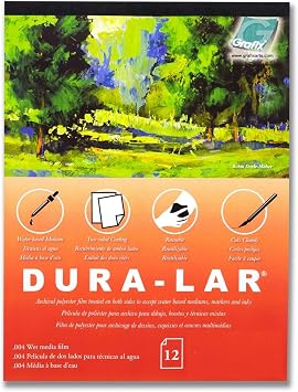 Grafix Dura-Lar 0.004" Film, Ultra Clear Wet Media 14"x17", Plastic Film Coated to Accept Water Based Mediums. Ideal for Watercolor, Painting Composition, as Painting Surface, Pad of 12 Sheets