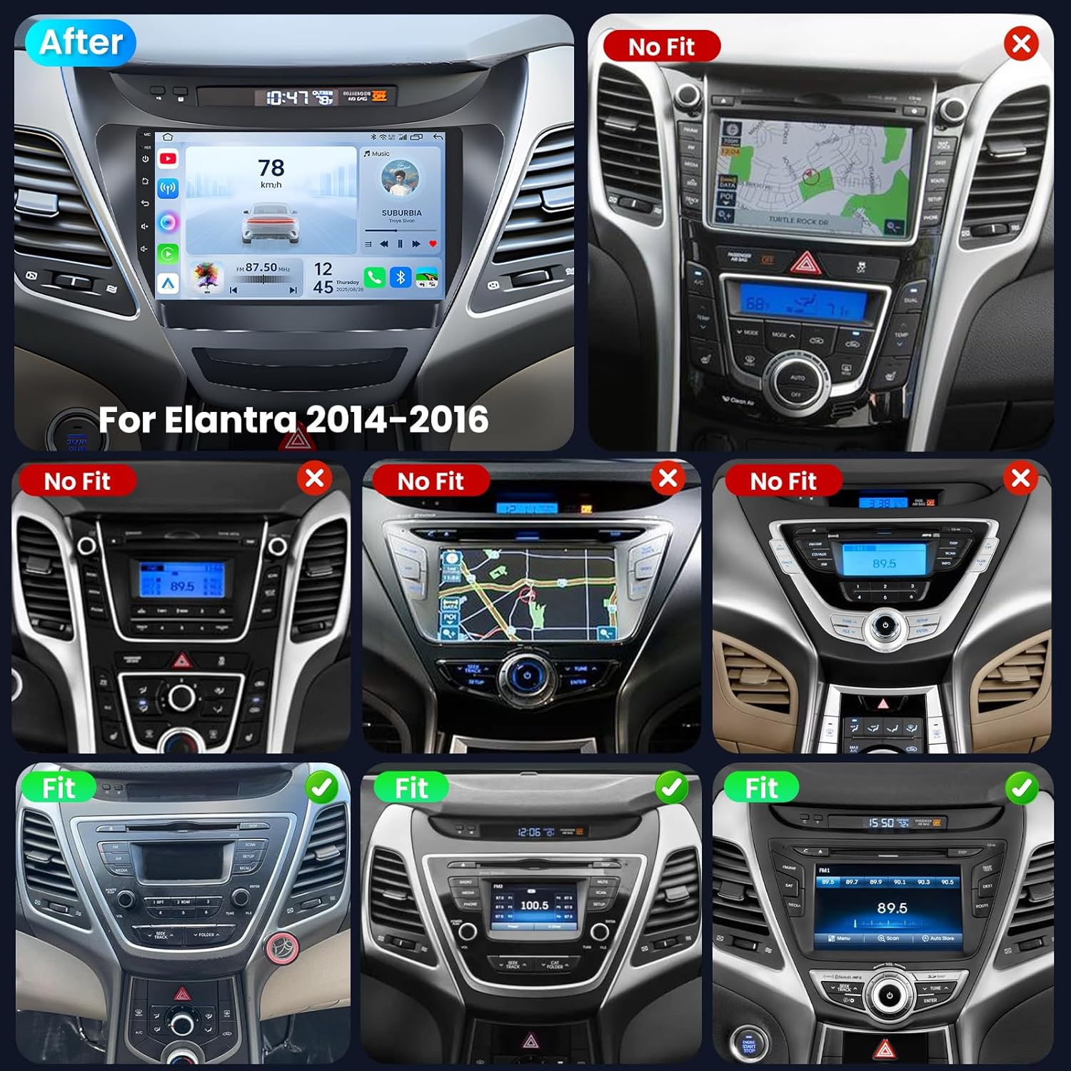 Comparison image showing compatible and incompatible dashboard configurations for Hyundai Elantra 2014-2016 models. The 'After' image shows the Jerqry radio perfectly fitted.