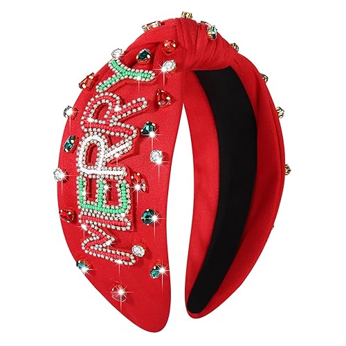 NVENF Diadema de Navidad para mujer, diadema de Navidad con adornos de perlas de cristal, diadema anudada con nudo superior ancho, accesorios para