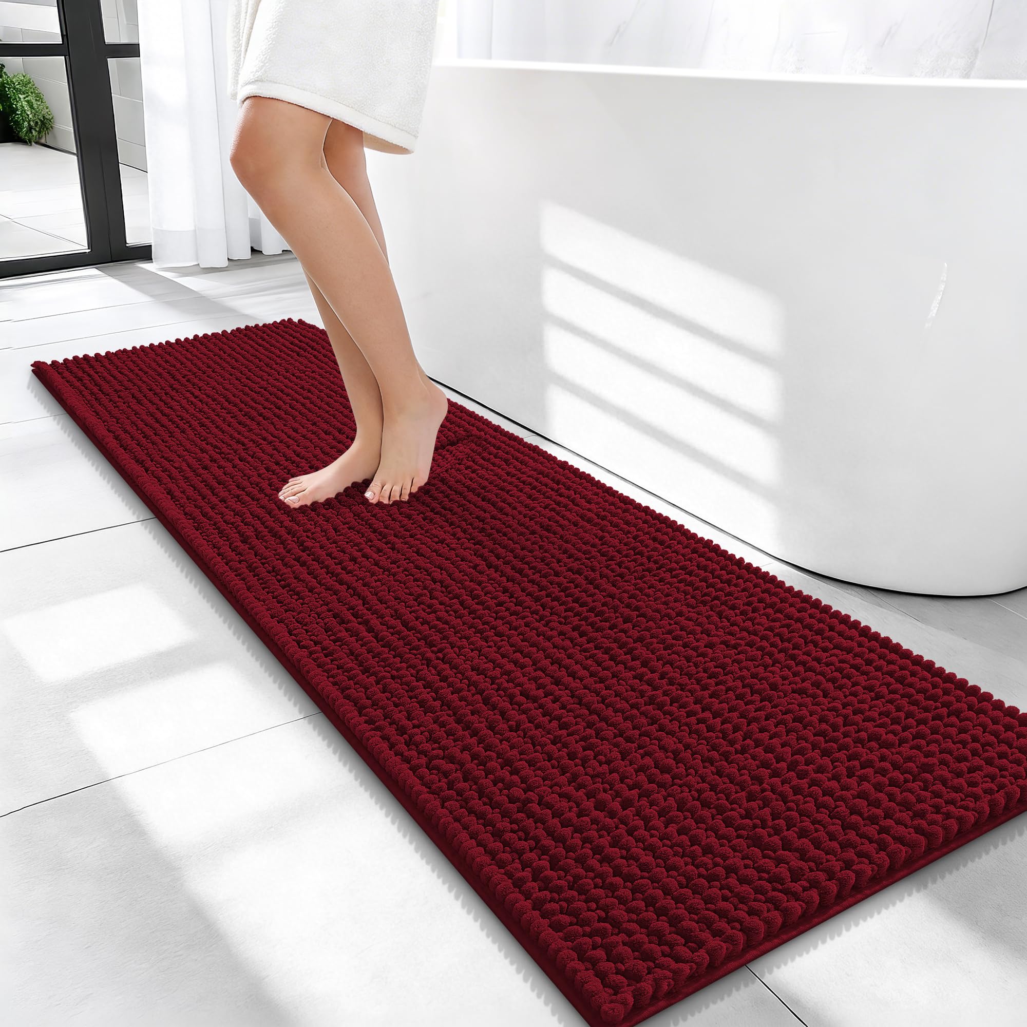 OLANLY Thick Chenille Bathroom Runner Rugs Mats 47x17, Burgundy