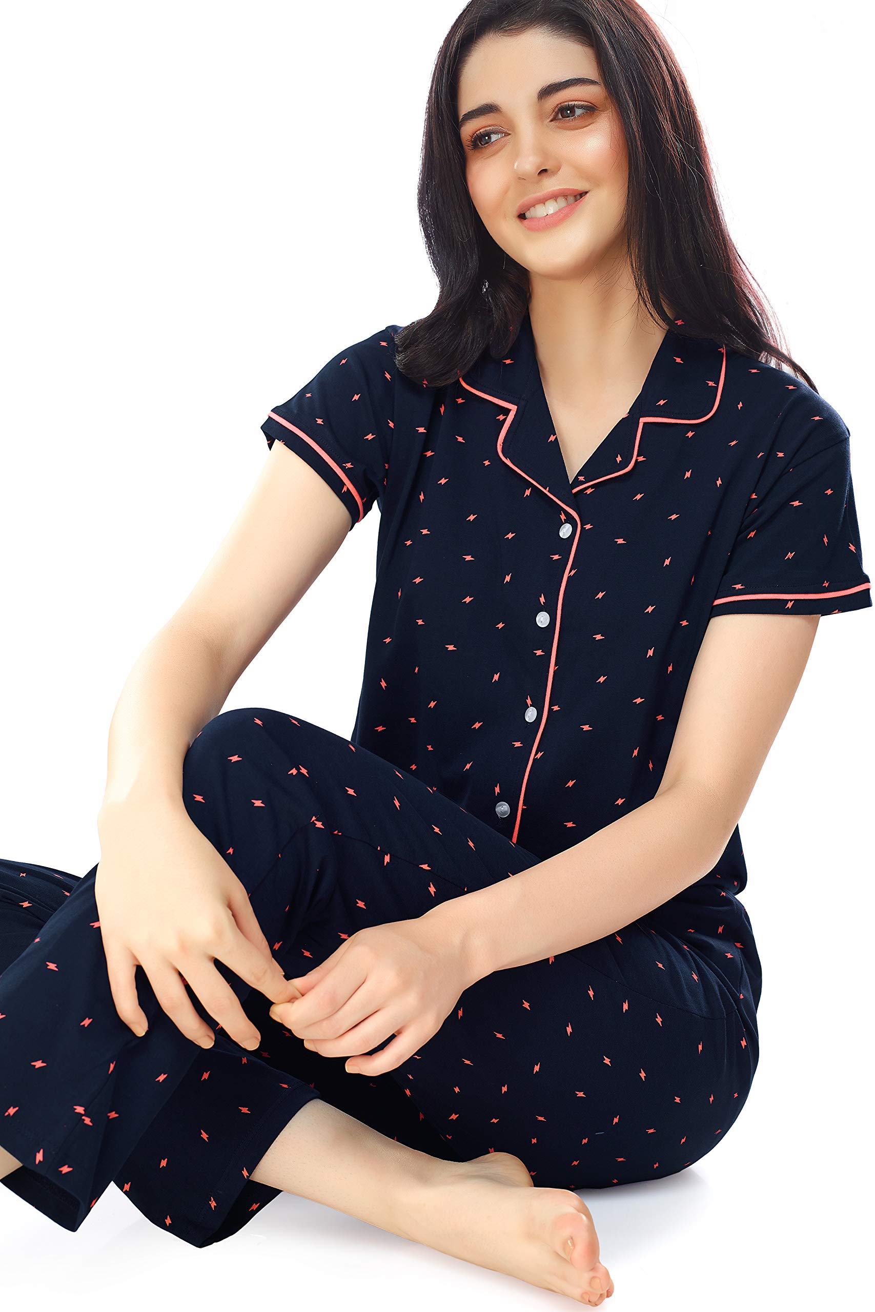 ZEYO Women's Cotton Flash Printed Navy Blue Night Suit Shirt & Pajama Set 5251 (Medium) - Image 5 thumbnail
