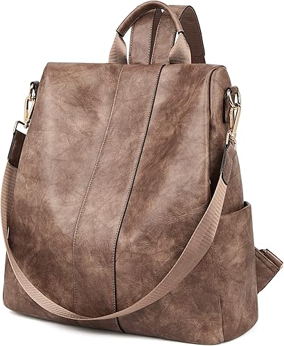 Miniatura 8 de FOXLOVER Mochilas de cuero sintético para mujer, mochila de moda convertible para viaje, bolsos multiusos para mujer, Marrón B, Vintage