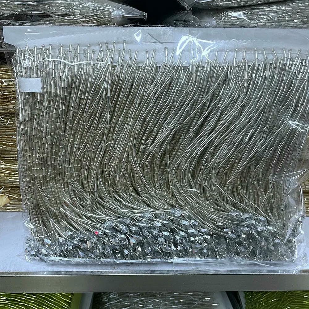 5 Yards handgefertigte Perlenquastenborte, 15 cm Lange, glänzende Kristallperlenröhre, Lange hängende Quastenborte, Kleider- und Rockzubehör und Materialien