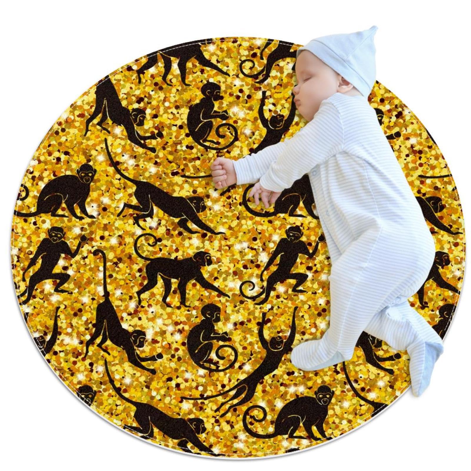 Tapis de salle de bain rond singe paillettes dorées 1m antidérapant
