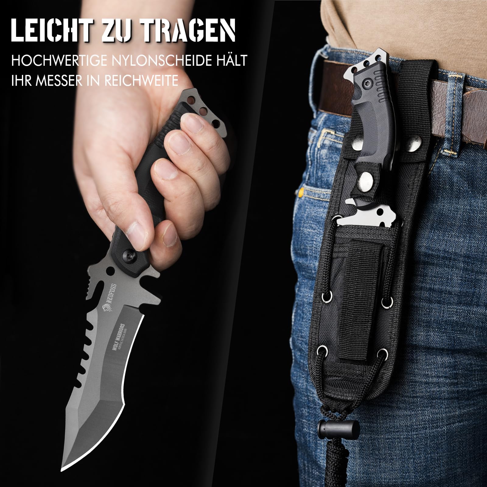 NedFoss WOLF 10.3CM FULL TANG Coltello fisso da esternoin acciaio, coltello da sopravvivenza affilato, coltello da campeggio, coltello multiuso, coltello da cespuglio, Ideale per campeggio, regali