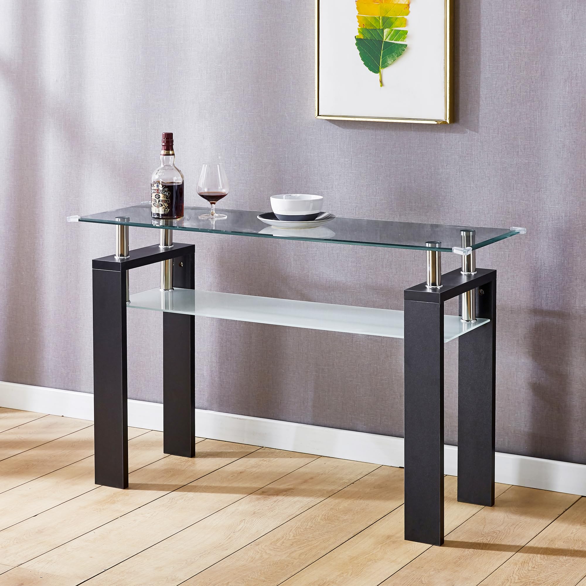 47" Glass 2-Tier Console Table, Modern Rectangle Sofa Table with Metal Frame and Tempered Glass Shelf, Accent Narrow Table for Entryway Living Room, Bedroom