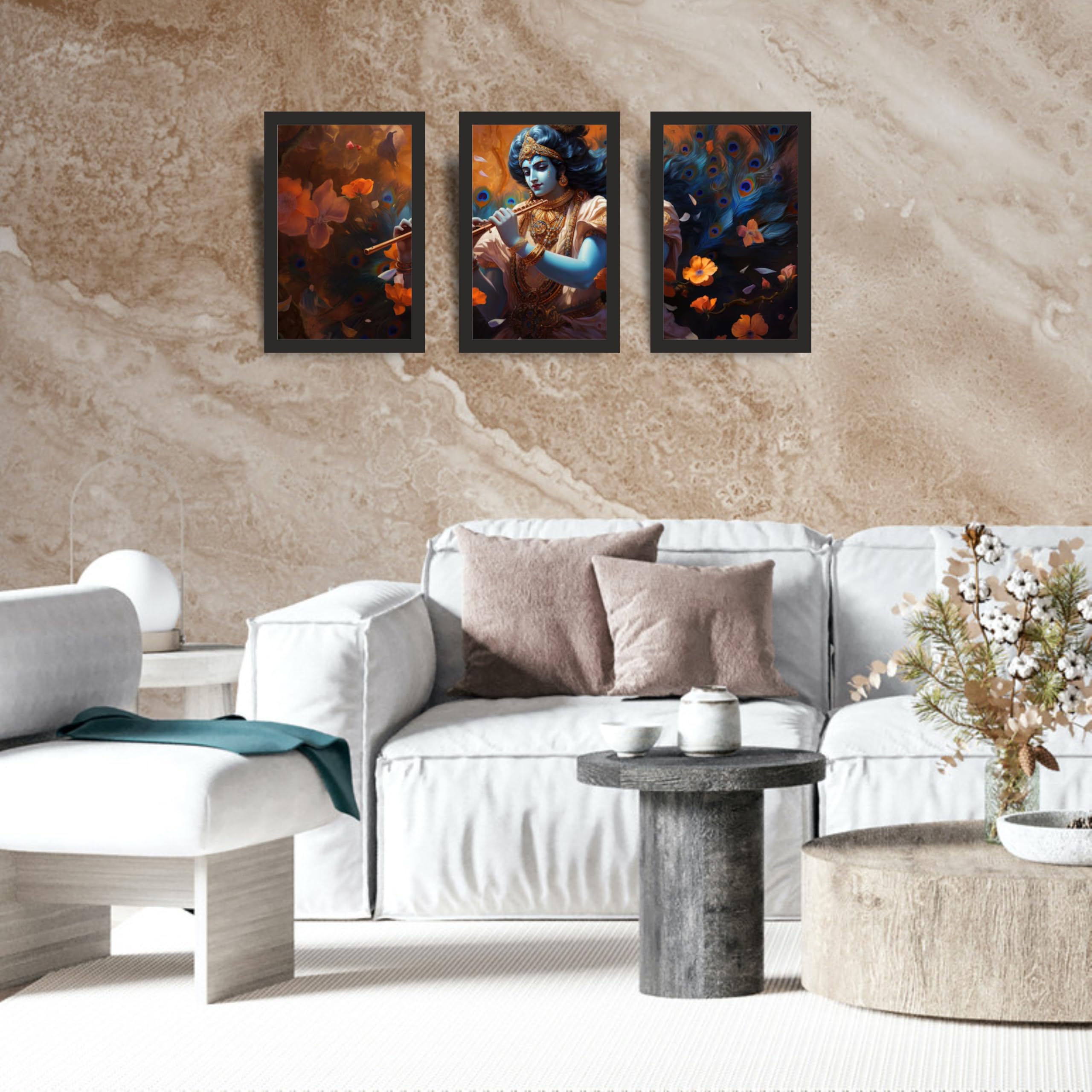 Krishna Peacock Feather Floral Wall Art Set of 3