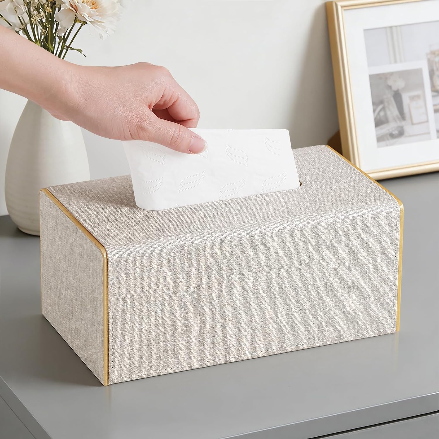 PU Leather Tissue Box Cover Rectangle, Inner Height 3.9", Linen