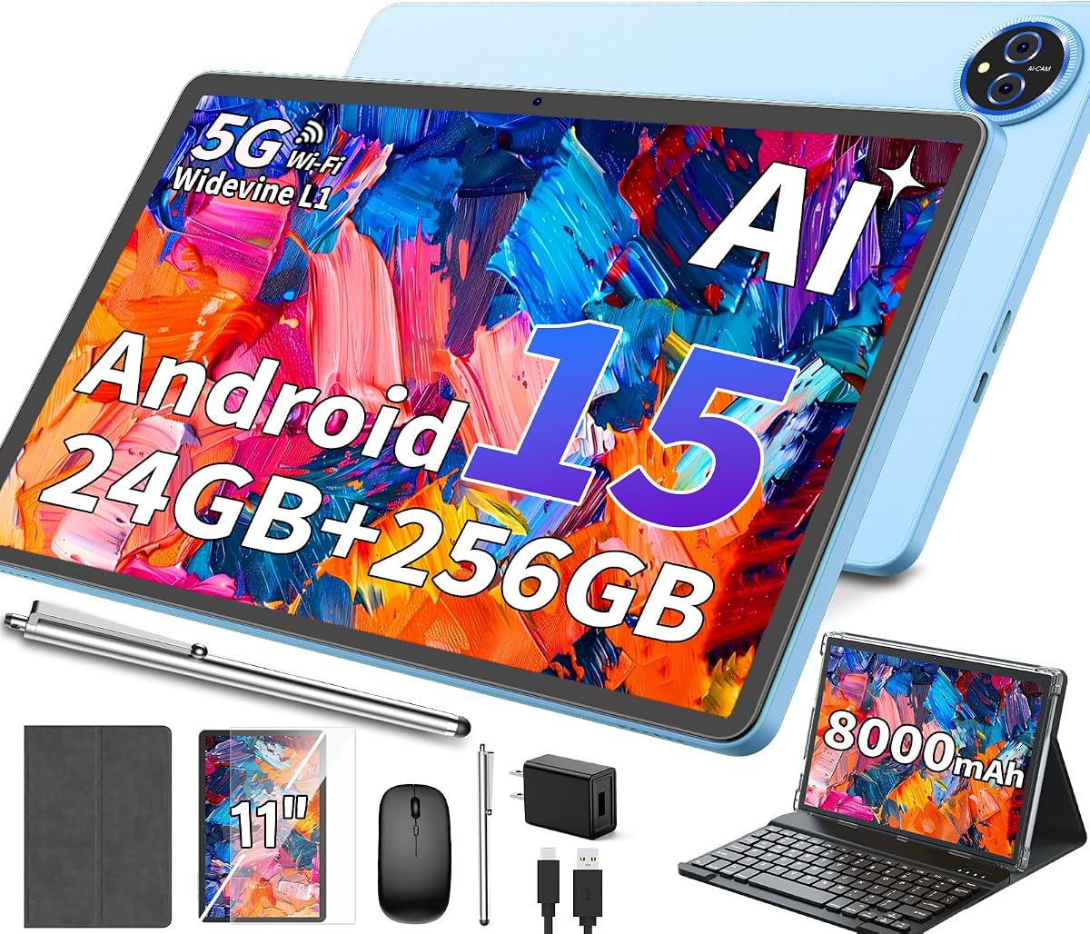 2026 11 Inch Tablet, Android 15 Tablet with Keyboard (Silver) | 24GB+256GB+2TB Expand, Gemini AI Tablets PC with 8-Core, 8000mAh, WiFi, GPS, 2 in 1 Large Tablet with Case, Mouse, Stylus