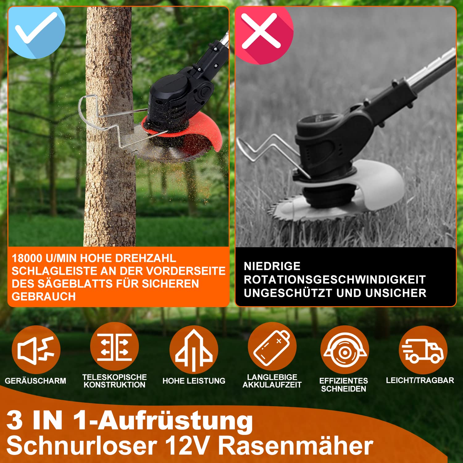 Krawężnik 20V, bezprzewodowa elektryczna kosiarka spalinowa z akumulatorem i ładowarką, średnica cięcia 23 cm, obrotowa głowica tnąca 180°, teleskopowa, z 20 plastikowymi nożami