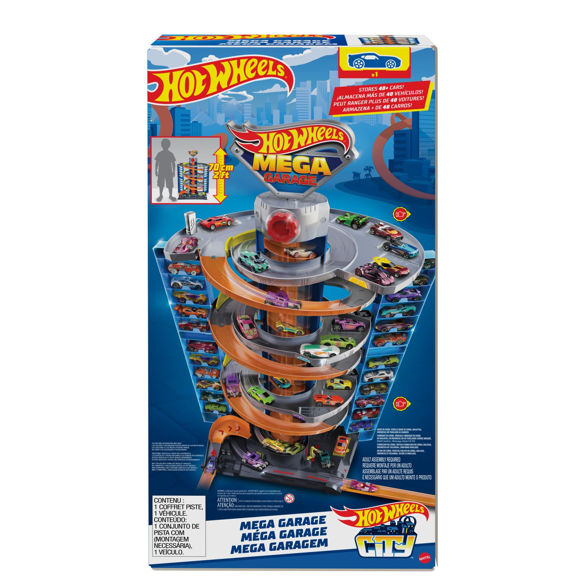 Hot Wheels GTT95 - City Power-Parkgarage Spielset mit Aufzug, für 60+ Fahrzeuge, mit 1 Hot Wheels Fahrzeug im Maßstab 1:64, Spielzeug Autorennbahn für Kinder ab 4 Jahren