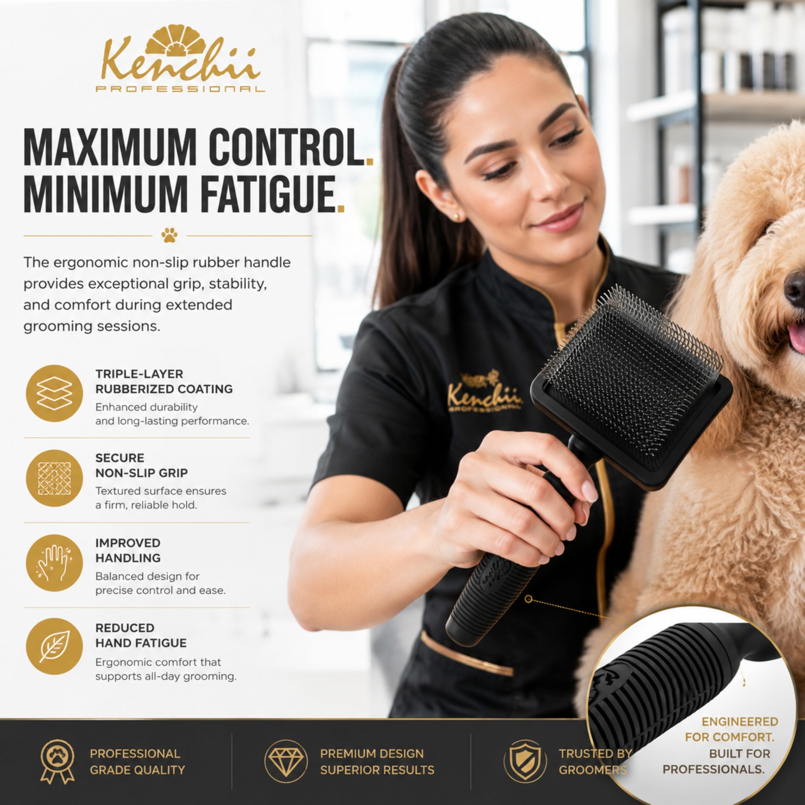 Kenchii Lange Nadelzupfbürste für Hunde (Pudel, Kritzeleien, Goldendoodles, Labradoodles), professionelle Fellpflegebürste zum Entwirren, Flusen & Entfilzen, rutschfester Komfortgriff (schwarz)