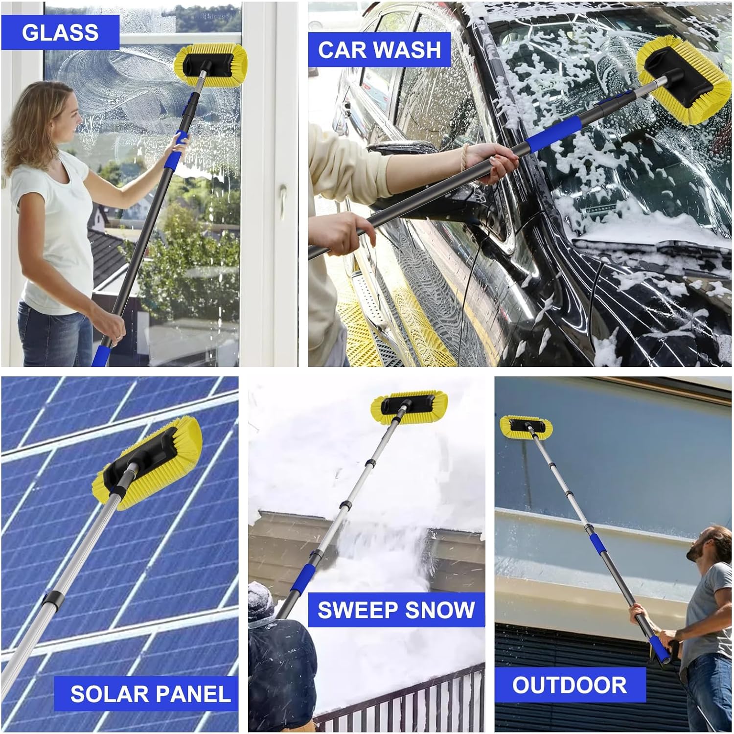 Buyplus 26FT Reach Car Wash Brush with Long Handle, 12-Inch Soft Bristle Head, Truck Wash Brush with 5-20FT Telescoping Pole, Car Washing Brush for Cleaning Car, SUV, RV, Boats, Solar Panels Blue