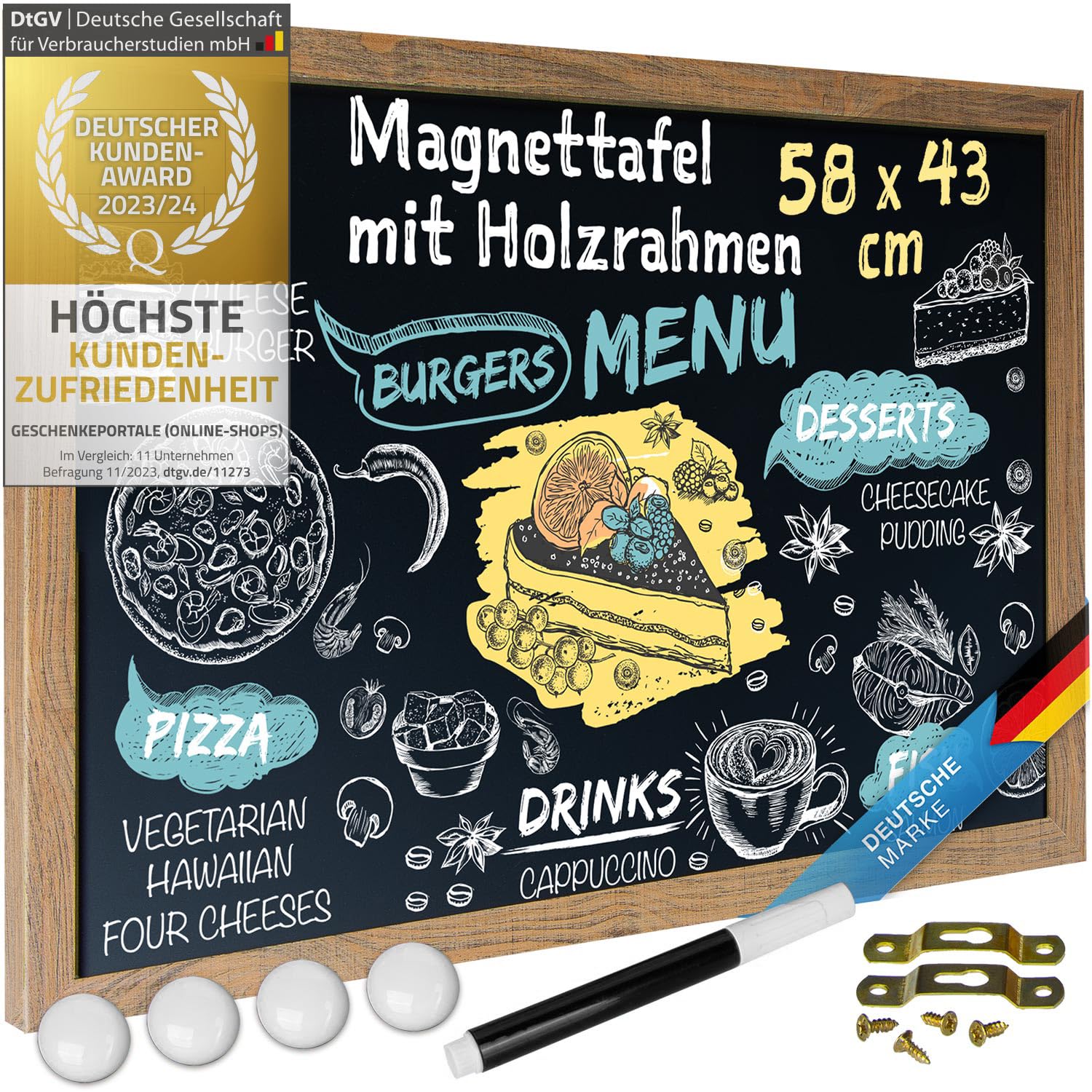GOODS+GADGETS® Tableau Ardoise Magnétique Mural - Cadre Bois 43x58 cm | Crayon craie + 4 aimants inclus - surface laquée effaçable - 2 tailles au choix - montage facile