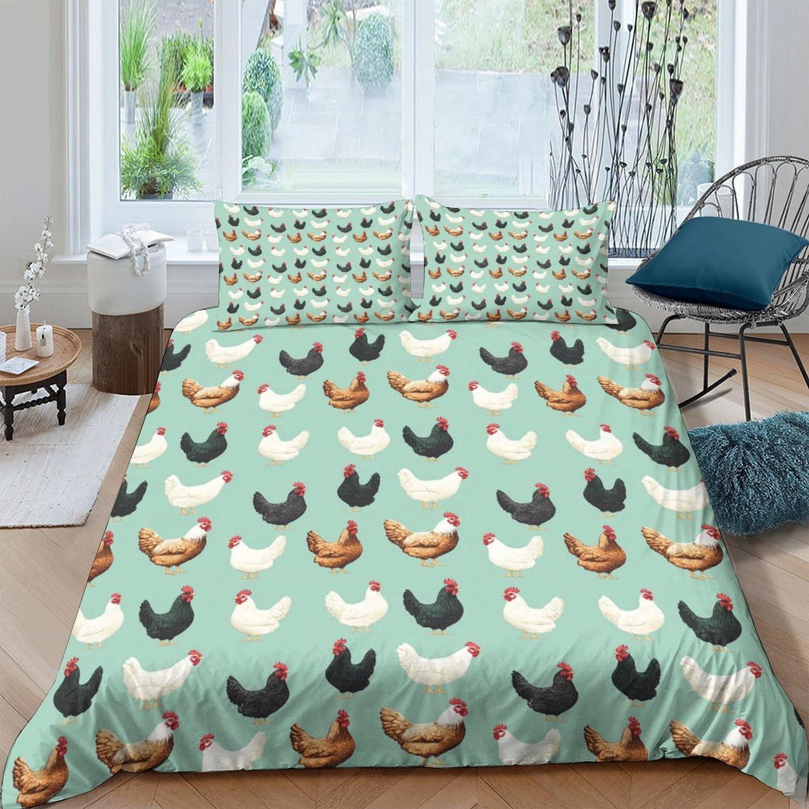 GPLZQXKJNH 3D Printed Chicken Farm Duvet Cover Microfiber Soft Breathable Hen Pattern Bedding Set with 2 Pillowcases for Bedroom Decor Single（135x200cm）