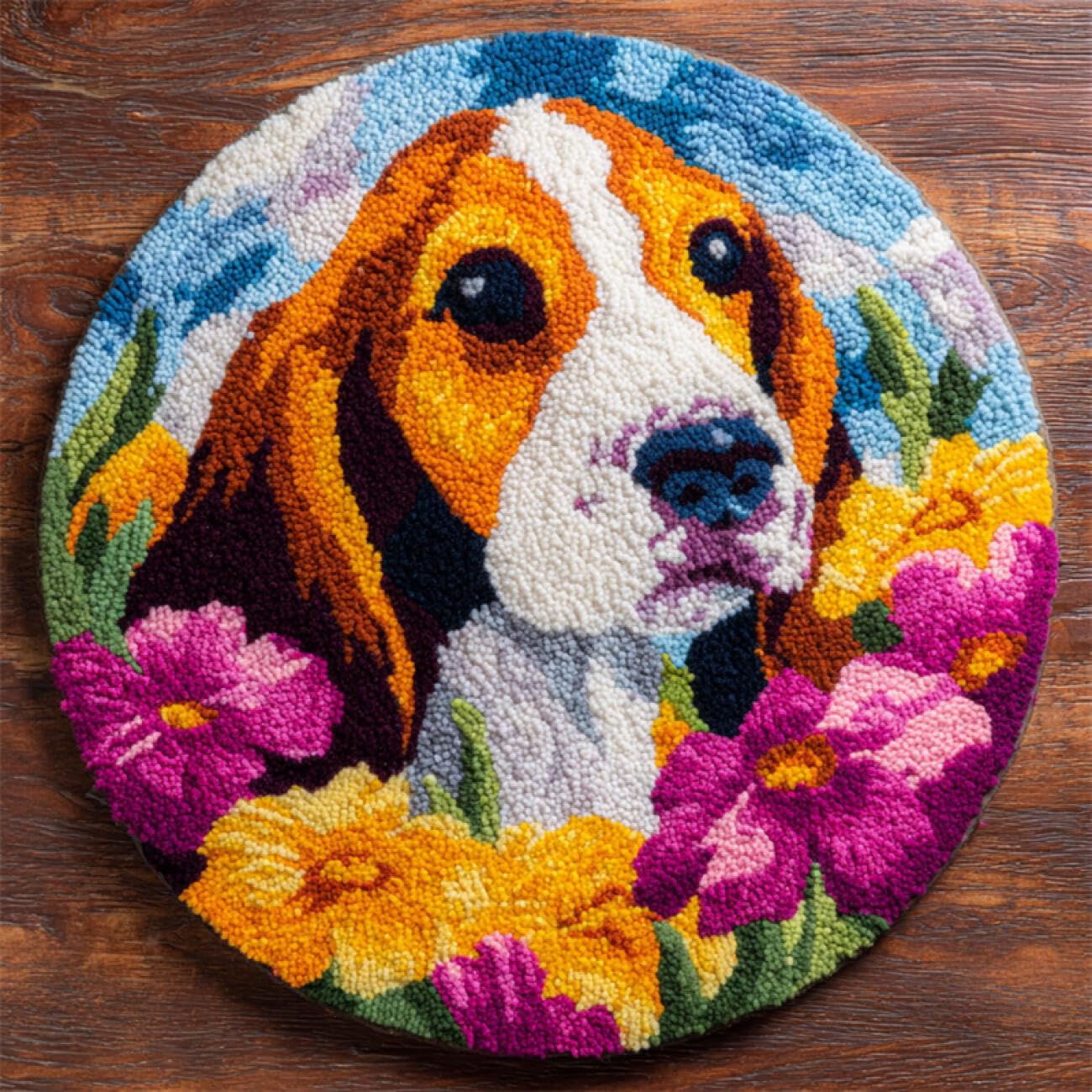 Kitquiver Dog Animal Latch Hook Kit Rug Basset Hounds and Flowers DIY Latch Hook Rug Kit for Adults，Carpet Making Needlework for Beginners，Home Decor 50x50cm