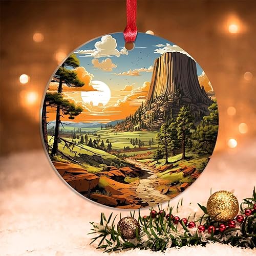 CowkissSign Devils Tower Monumento Nacional Adornos de Navidad para árbol, paisajes naturales en Estados Unidos, decoraciones de Navidad para árbol,