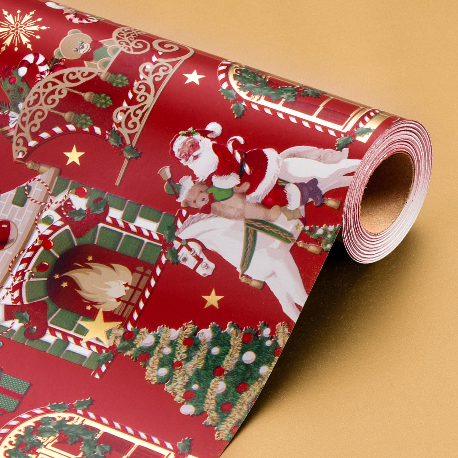Wikadlik Santa Claus Christmas Wrapping Paper - 43cm x 10m Mini Roll Vintage Fireplace Horse and Christmas Ball Pattern Red Gift Wrap Paper for Holiday Festive Celebration DIY Craft
