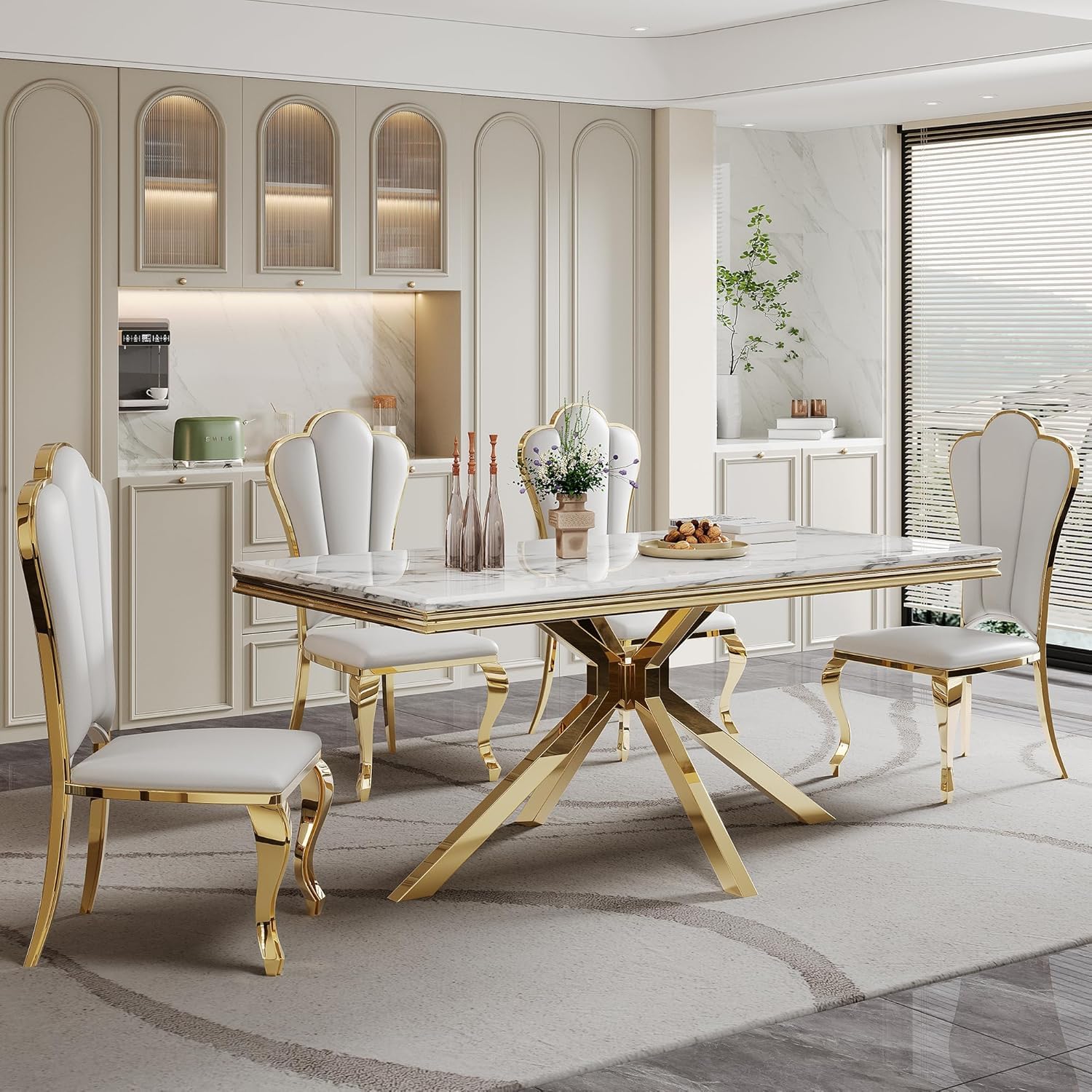 White Dining Room Table for 4 6, 68" Faux Marble Dining Table with X-Shape Stainless Steel Legs, Modern Gold Kitchen & Dining Room Tables Rectangle