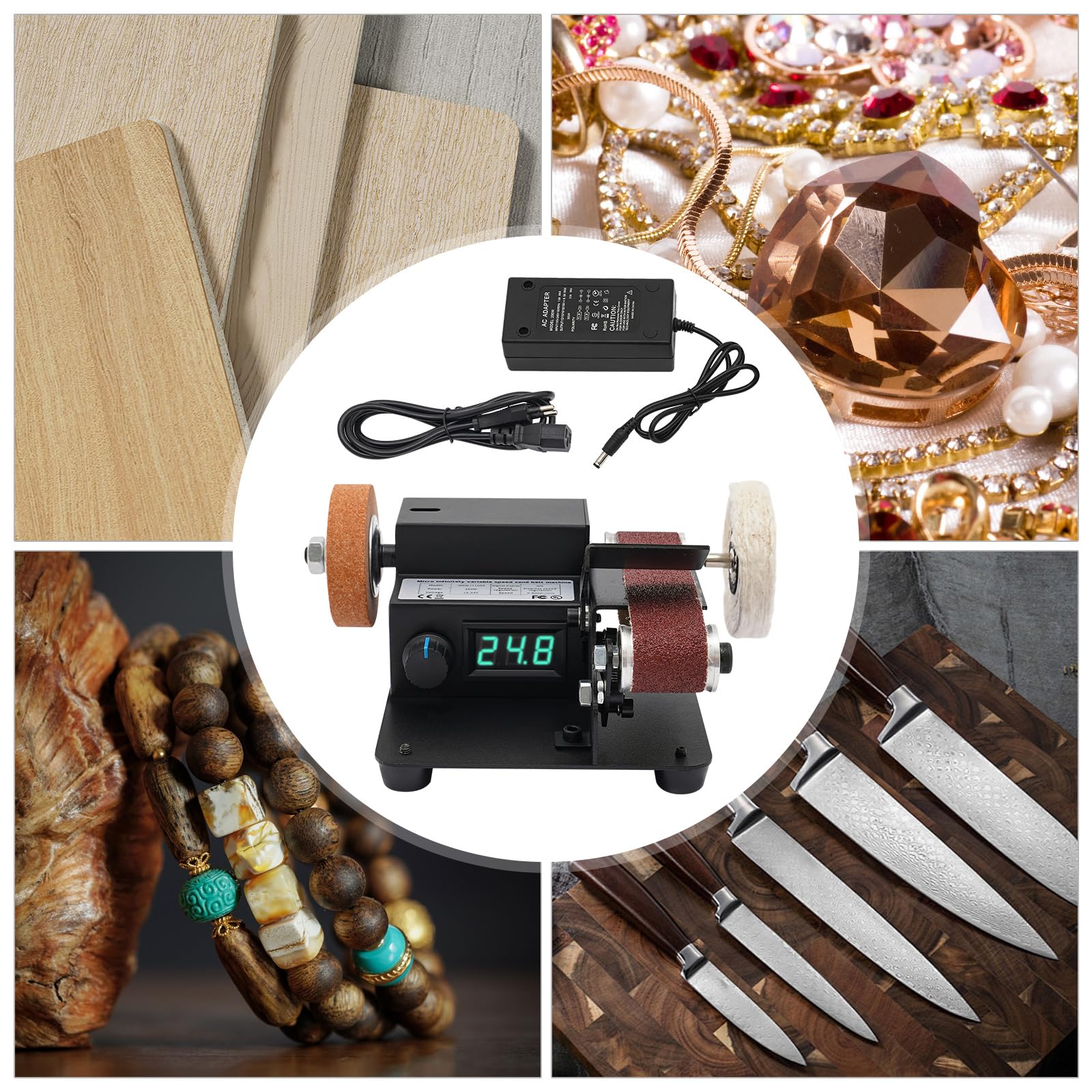 Mini Levigatrice A Nastro 350W Affilatrice Elettrica Coltelli 0-10000 RPM, Levigatrice Da Tavolo Display LCD Piccola Smerigliatrice Da Banco 7 Velocità Affilatrici Elettriche