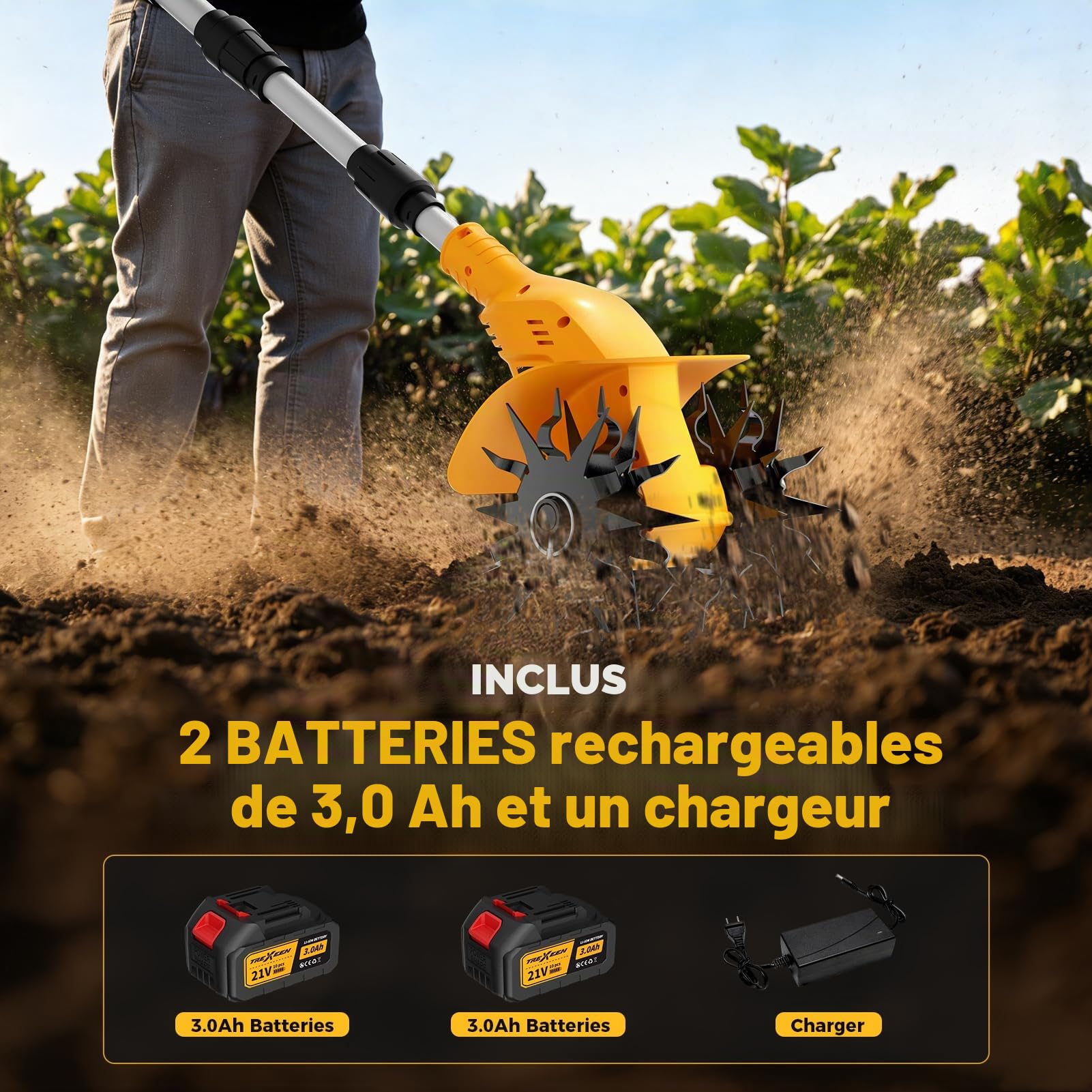Motobineuse Électrique sans Fil, TREXEEN Bineuse Électrique sans Fil Puissant avec 2 x 3,0 Ah Batteries, 360 TR/Min, Largeur de Travail 20 cm, Profondeur 16 cm, pour Pelouse Jardin Travaux du Sol