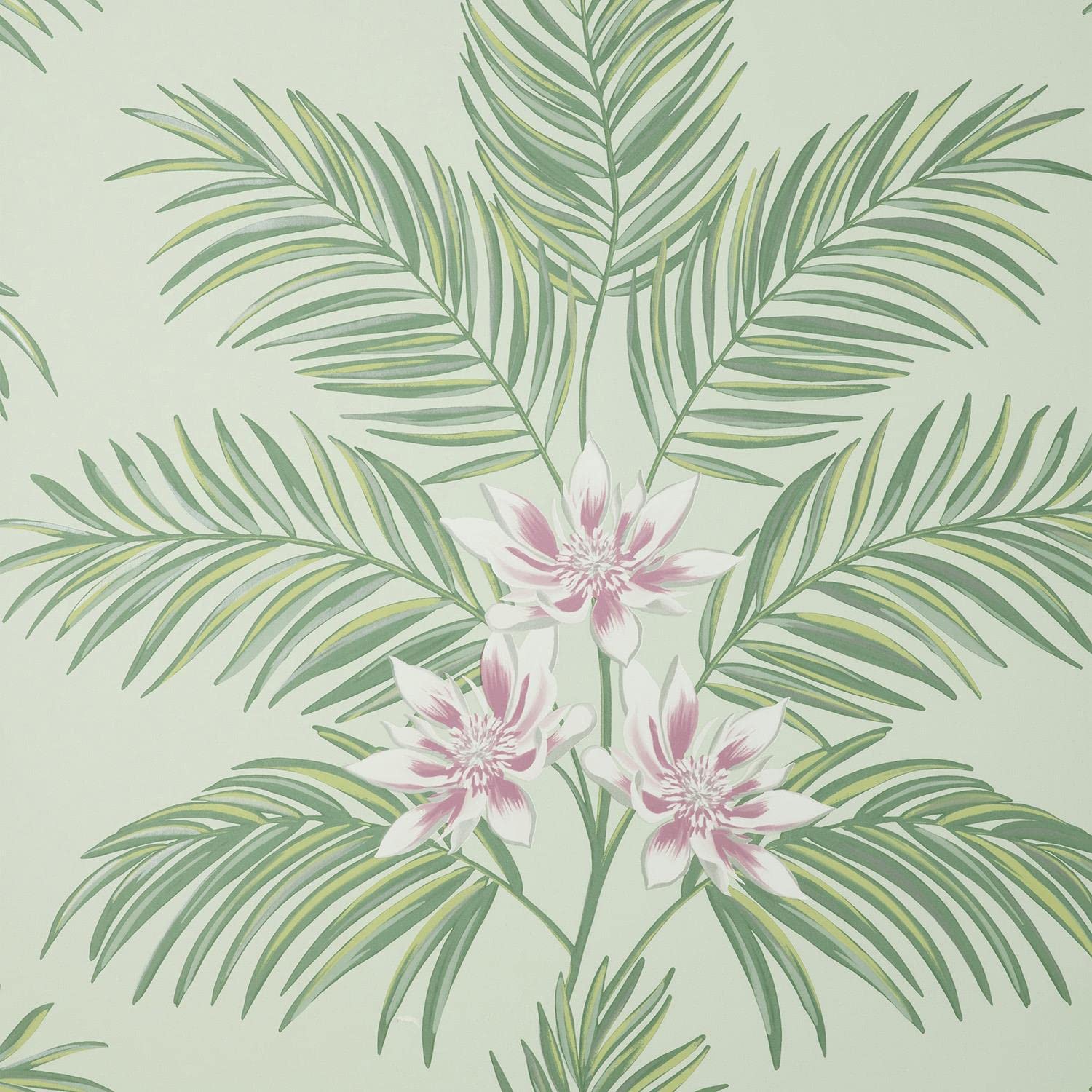 Yöl Mint Green Bali Floral Leaves Wallpaper Botanical Flowers Modern Contemporary Palm Tropical Metallic Silver