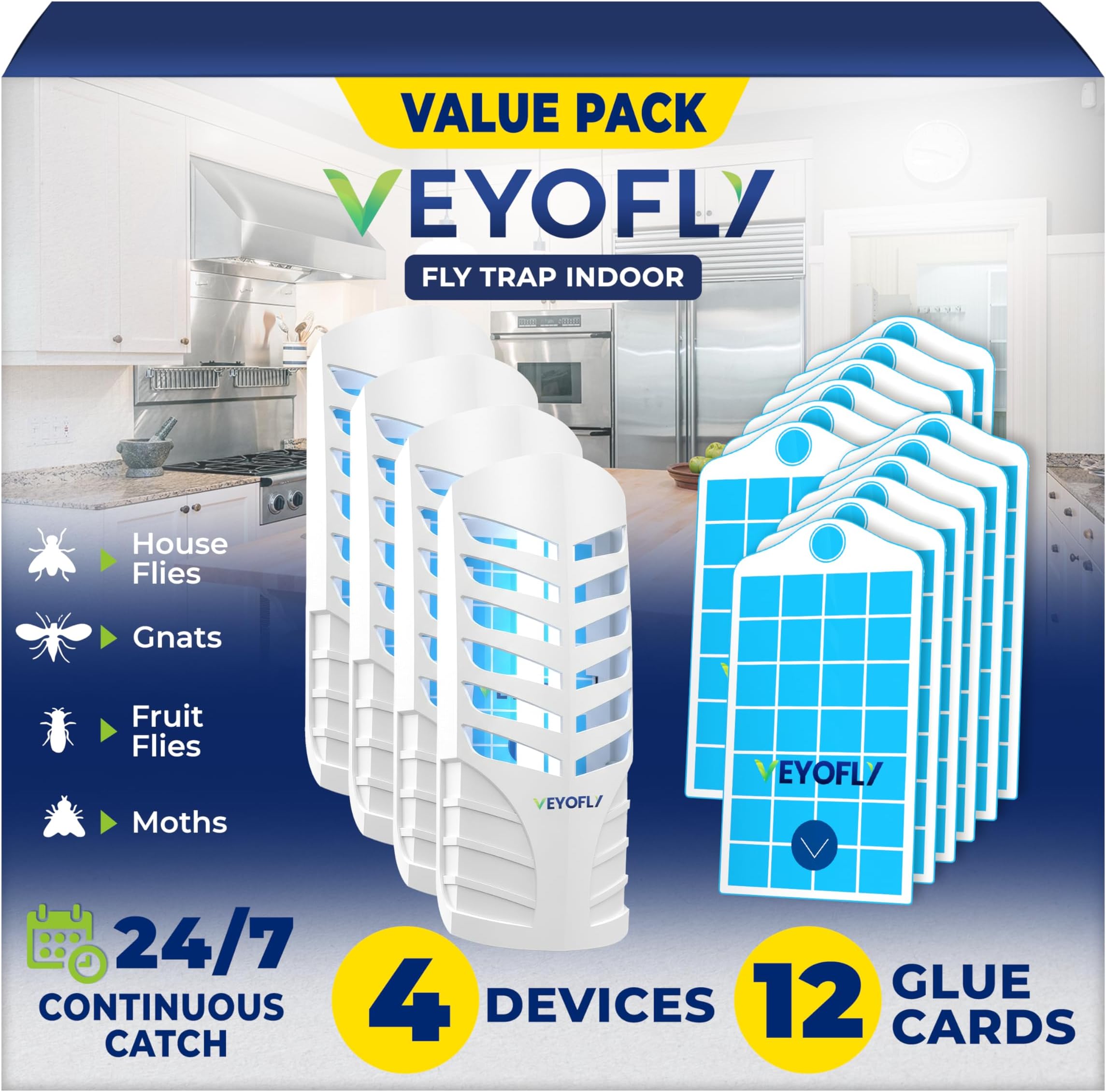 VEYOFLY Fruit Fly Traps for Indoors, Fly Trap Indoor, (4 Device + 12 Refills) Fly Catcher Indoor, Gnat Traps for House Indoor, Fly Trap, Plug in Light Flying Insect Trap, Bug Killer