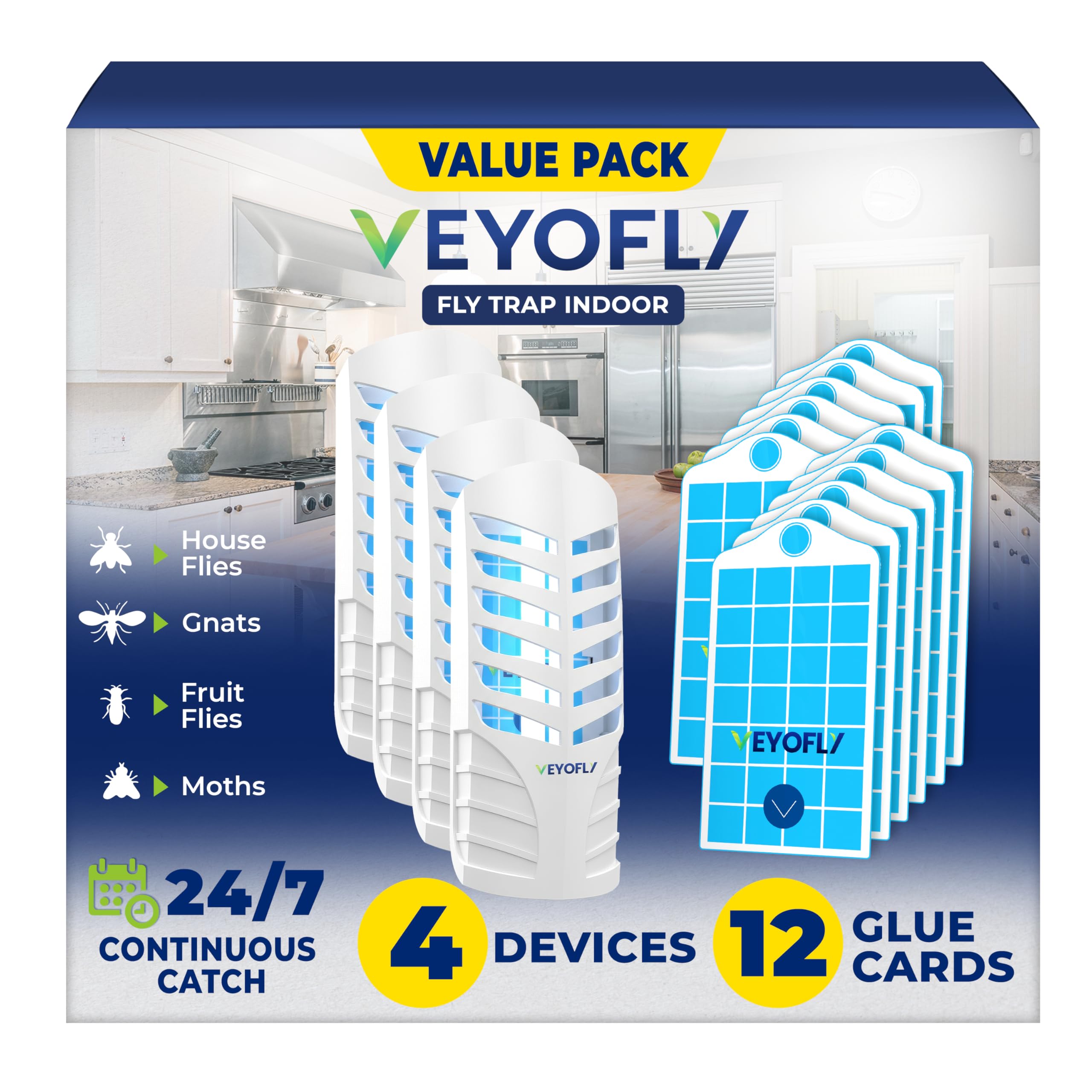 VEYOFLY Fruit Fly Traps for Indoors, Fly Trap Indoor, (4 Device + 12 Refills) Fly Catcher Indoor, Gnat Traps for House Indoor, Fly Trap, Plug in Light Flying Insect Trap, Bug Killer