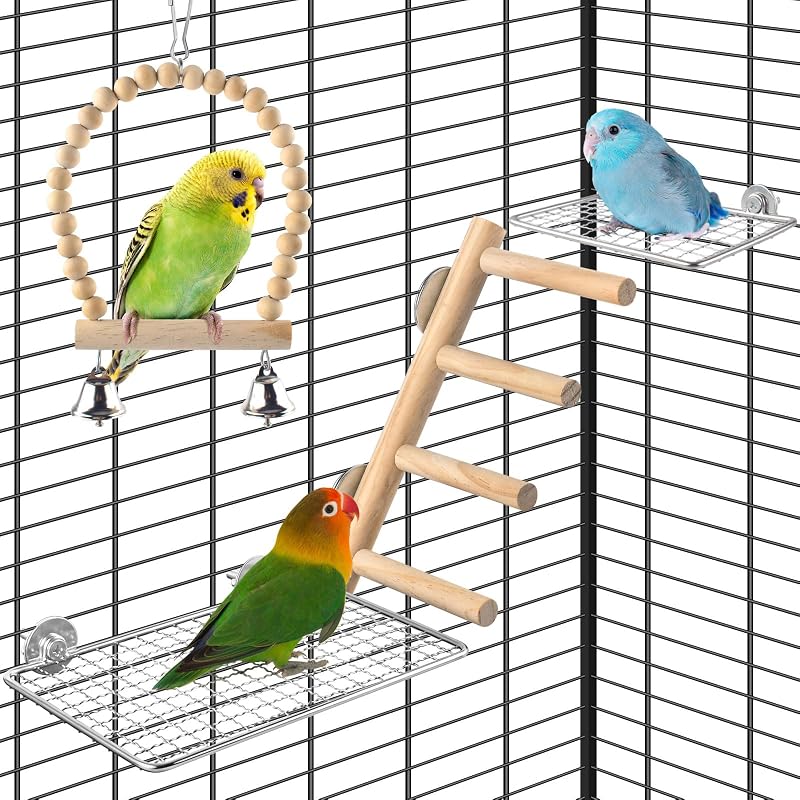 Escada e Brinquedos para Aves DBNESS com Poleiros de Aço Inoxidável e Balanço com Sino, Pacote com 4