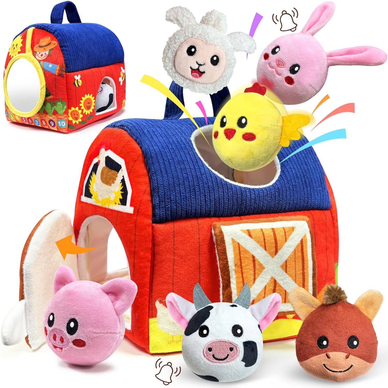 Baby Toys 6-12 Months – Infant Barn Toy with Stuffed Farm Animals, Rattle, Crinkle, Squeak, Mirror – Montessori Sensory Toys for 6 7 8 9 10 12 Month Old Babies, 1 Year Old Baby Boy Girl Gifts