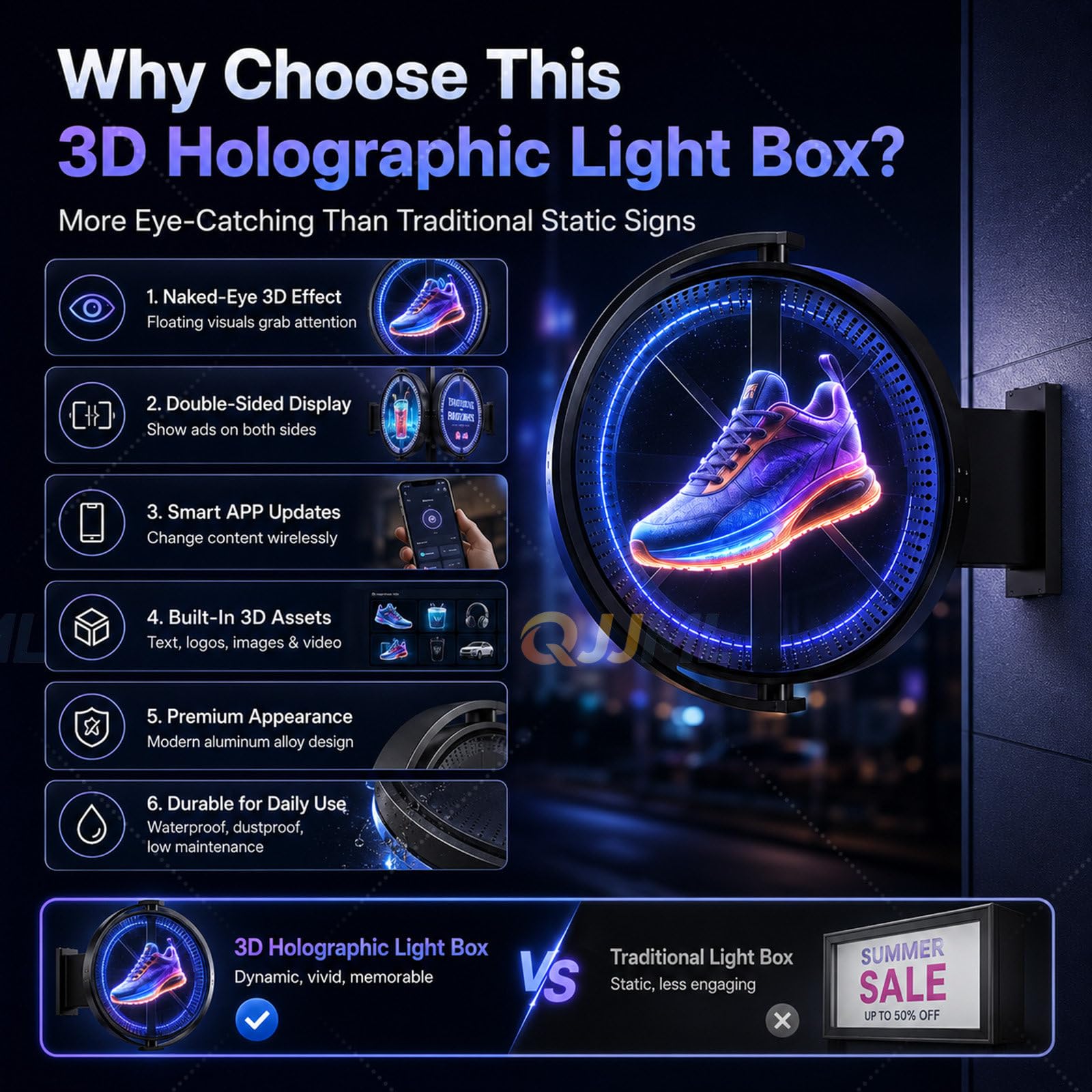 Holograficzna skrzynka oświetleniowa 3D, dwustronny znak LED ze sterowaniem aplikacją, wodoodporny cyfrowy wyświetlacz reklamowy do sklepu detalicznego lub centrum handlowego, 70 cm