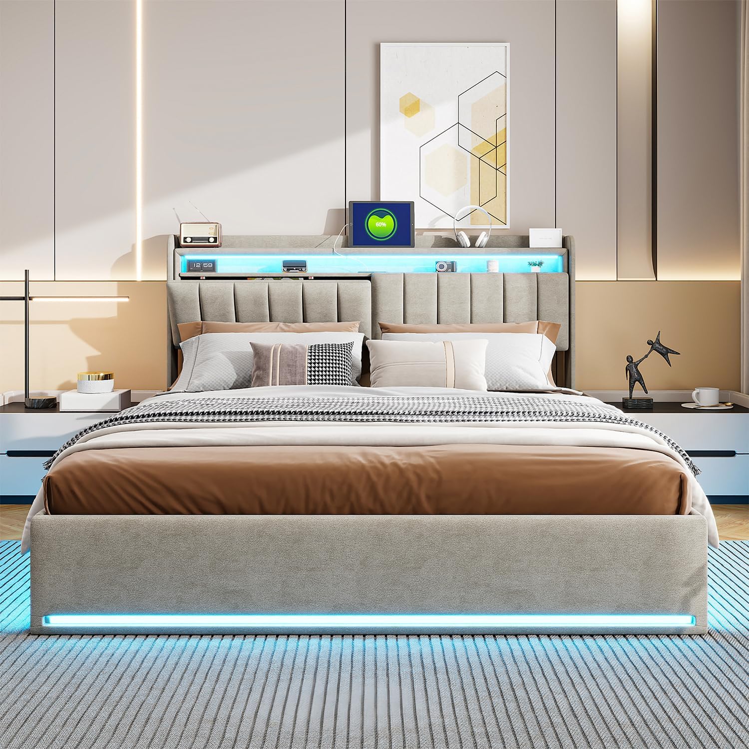Bed with multi-color RGB LED lighting in a dark room