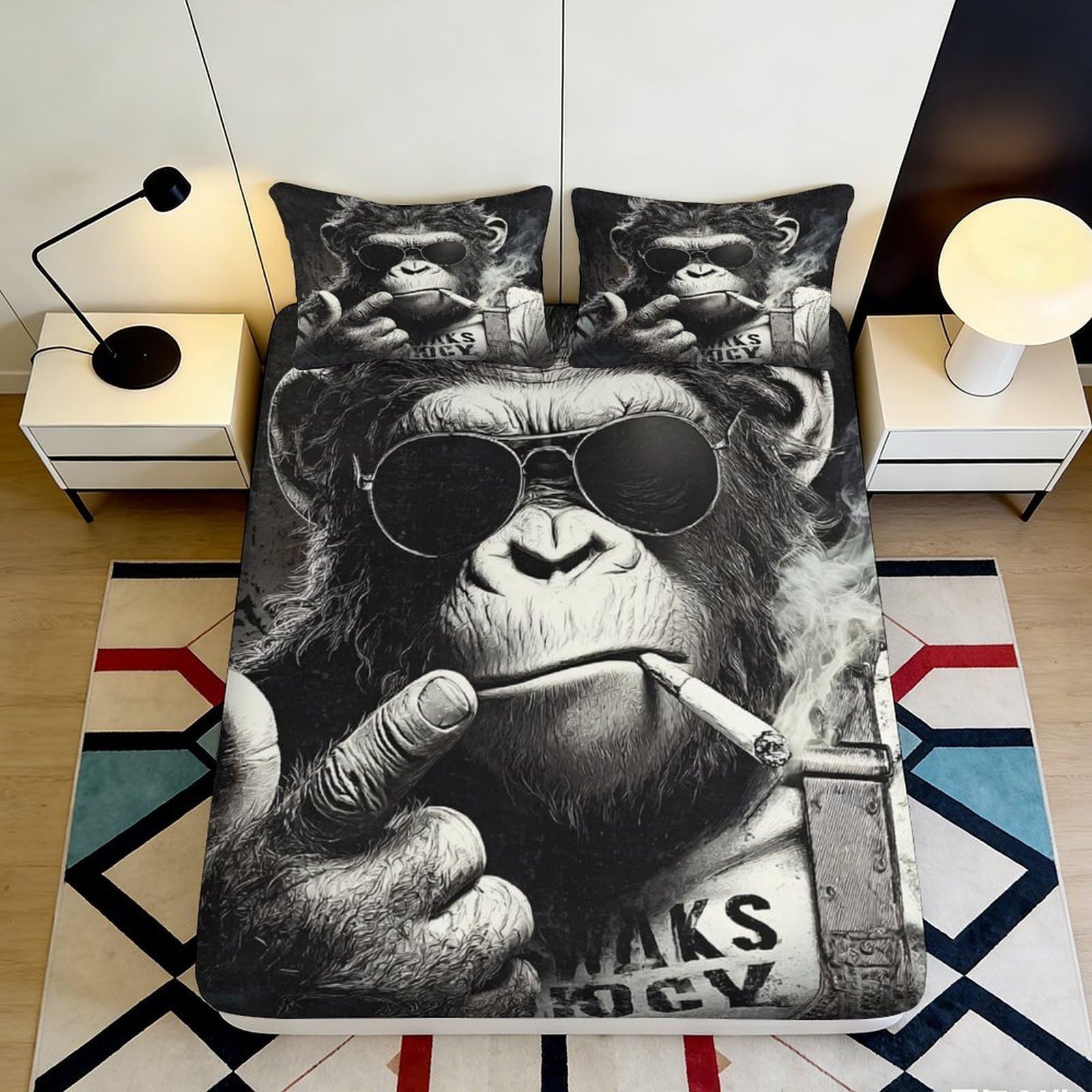 3D Printed Cool Monkey Fitted Sheet Microfiber Artistic Decor Smoking Chimp Bed Cover for Bedroom Guest Room Mattress Protection 90x200x25cm