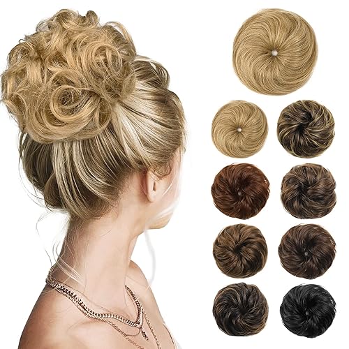 Flufymooz Extensiones de cabello humano 100 % real, extensiones de cabello humano despeinadas, moño desordenado natural rizado con banda elástica,