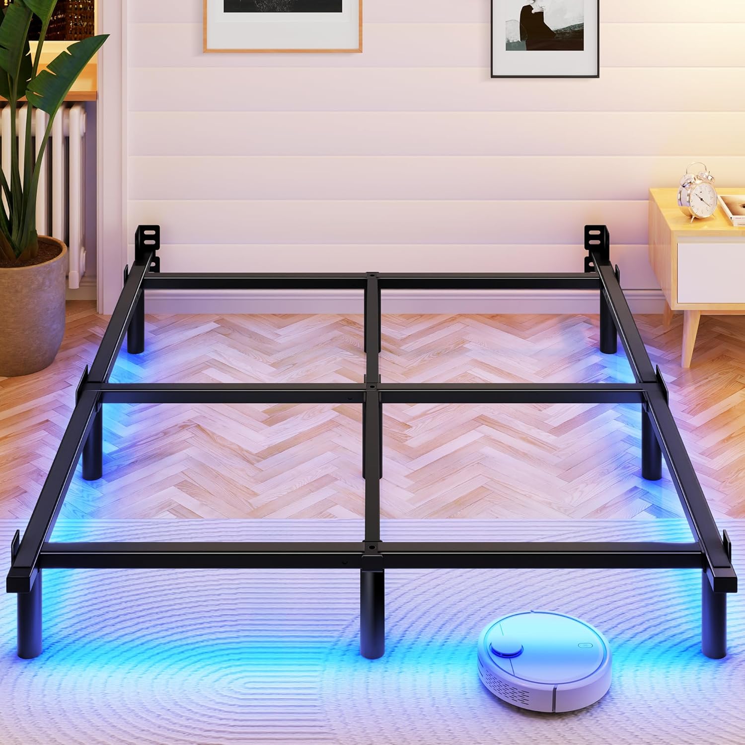 Queen Bed Frame with Smart LED Lights, 7 Inch Basics Metal Bed Frame, Heavy Duty 9-Leg Base for Box Spring and Mattress, Noise-Free, Easy Assembly, Black Queen (U.S. Standard) Bed Frame with LED Lights