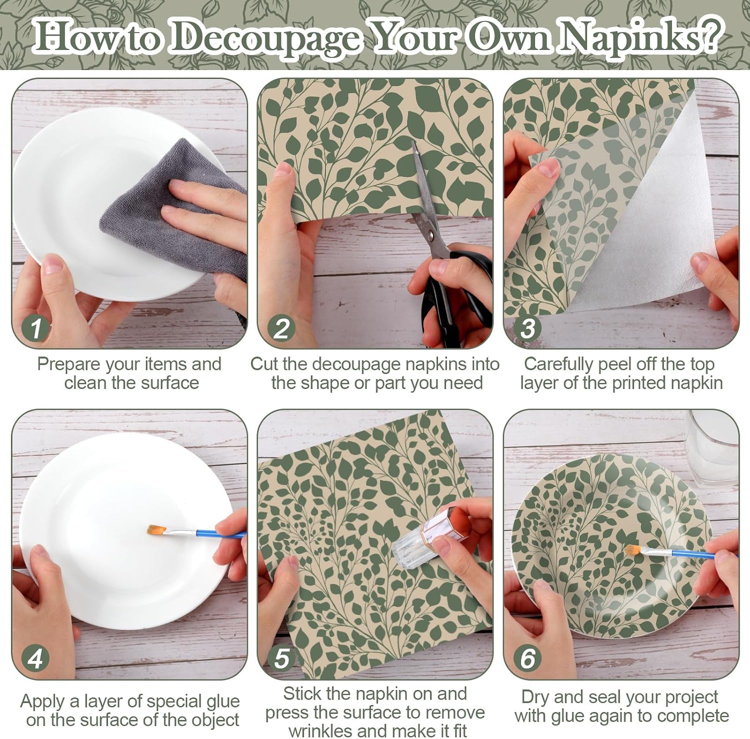 Yexiya 36 Sheet 6 Style Green Floral Paper Napkins for Decoupage Botanical Aesthetic Decorative Cocktail Napkin for Summer DIY Crafting Project Furniture Home Farmhouse Decor Unfolded 13 x 13 In