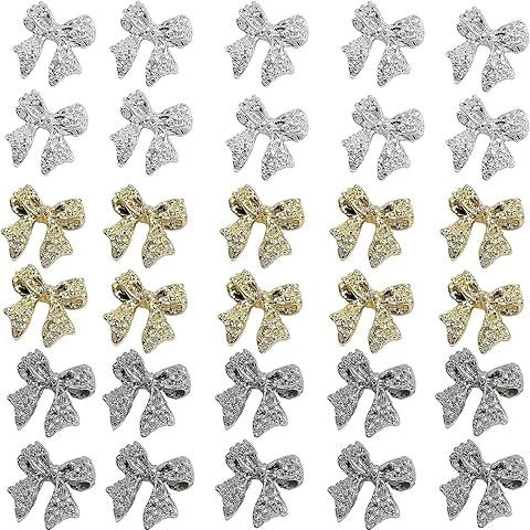 Sevgob 30pcs 3D Metal Bow Nail Charms for Acrylic Nails Alloy Nail Bows Gold Silver Gray Bow Knot Nail Art Charms Cute Bow Charms Kawaii Bow tie Nail Accessories Nail Jewels for Women Girls Manicure
