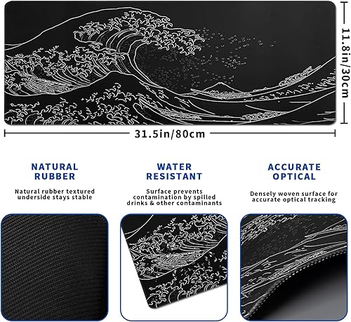 Miniatura 2 de Alfombrilla de mouse japonesa para juegos, color negro, abstracto, 31.5 x 11.8 pulgadas, textura de olas de mar, base de goma antideslizante,