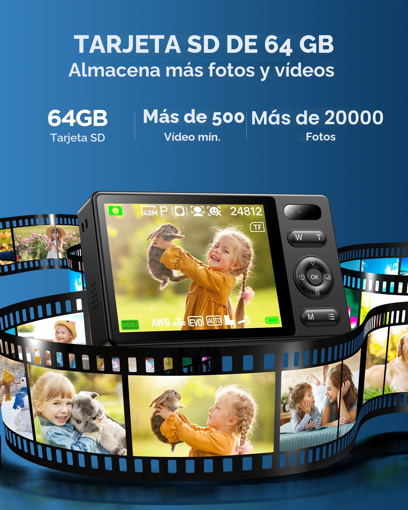 64GB Cámara Digital Camara de Fotos: 48MP Auto Focus Cámara Compacta | Zoom 16X Cámara Compacta Digitales, Recargable Portátil Cámara para Niños Principiantes