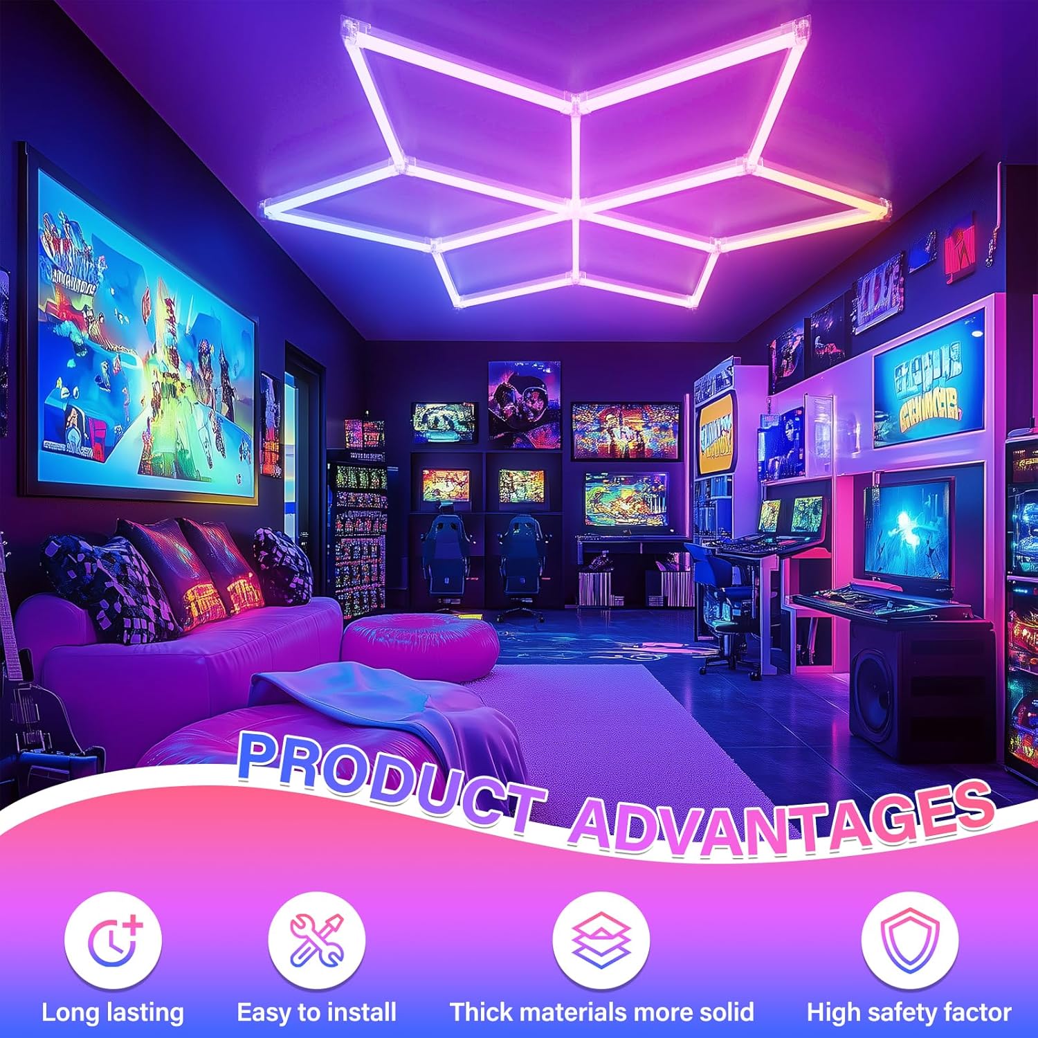 Hexagon RGB Garage Lights, Multicolor LED Lights with Music Sync, 358 Dynamic Effects, Dimmable & Speed Control for Gaming Rooms, Bars, Studios, Home Gyms