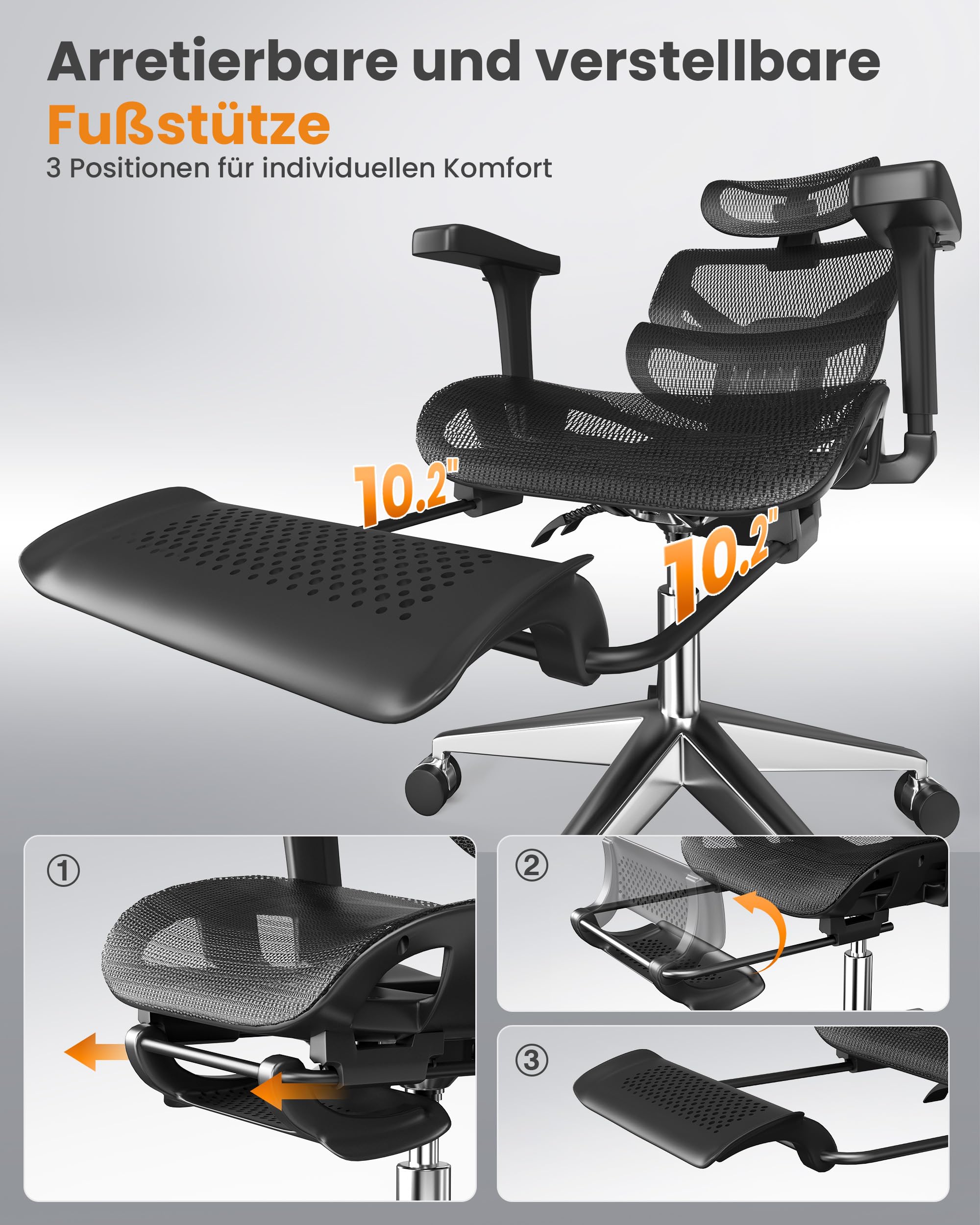 naspaluro Bürostuhl Ergonomisch, Schreibtischstuhl mit hoher Rückenlehne aus Netzgewebe, Belastbarkeit 160 kg, 3D-Armlehnen, Kopfstütze, Fußstütze, Office Chair für Home, Arbeit und Gaming