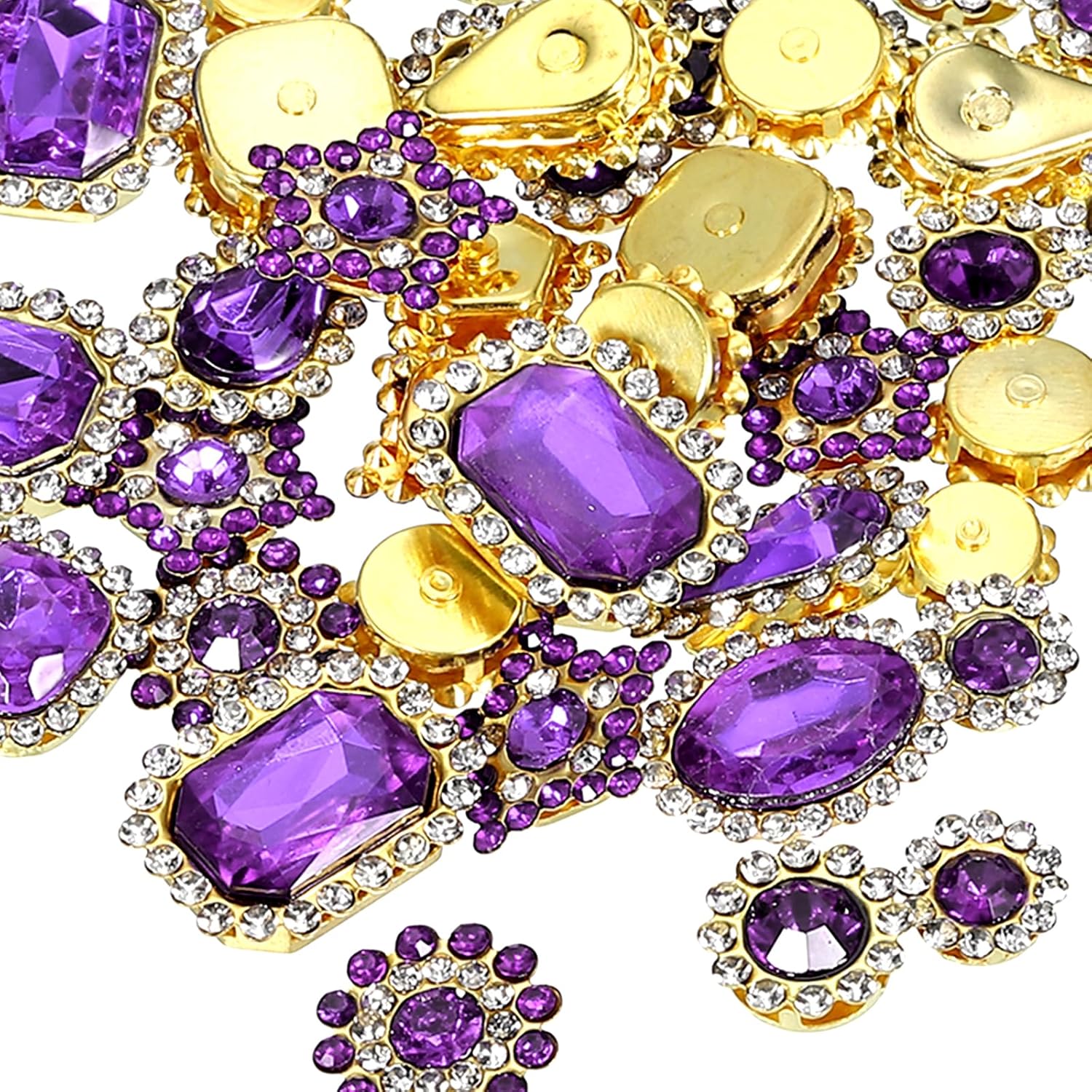 PATIKIL Sew on Rhinestones Crystal,50 Pcs Mixed Shapes Glass Gem Metal Base Flower Claw Rhinestones for Craft Shoes Dress Cloth Belt Sewing Decoration, Light Purple (0.35"-0.75")