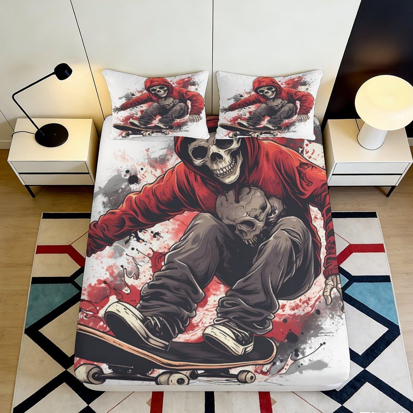 Uynsixtme Style-2 3D Printed Skateboard Skull Fitted Sheet Microfiber Deep Pocket Non-Slip Bedroom Bedding Set Mattress Fitted Cover For Teens Adults 200X200x25cm